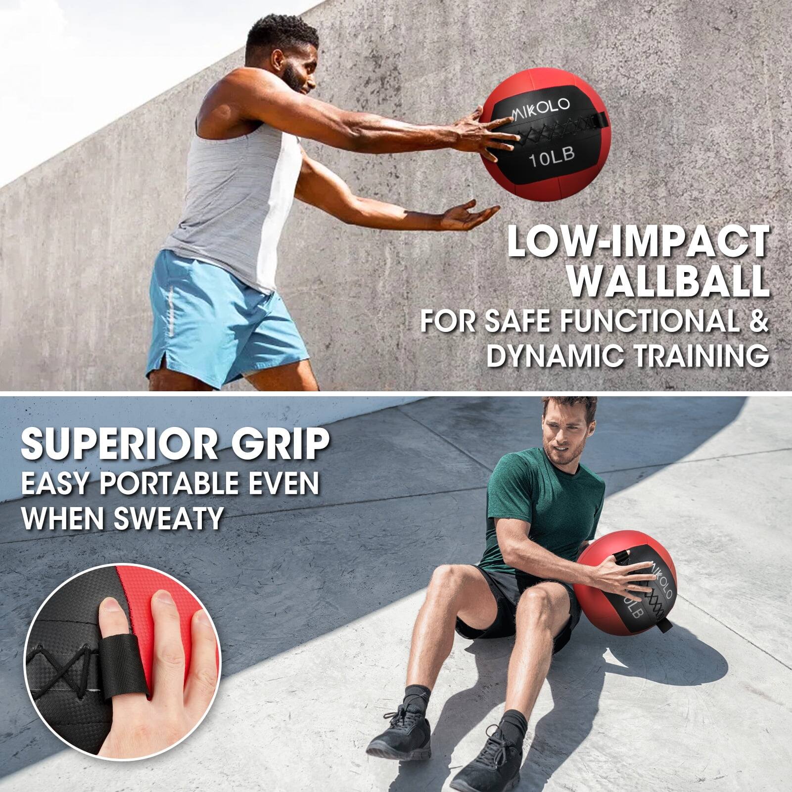 MIKOL 10LB LOW-IMPACT WALLBALL FOR SAFE FUNCTIONAL & DYNAMIC TRAINING  
SUPERIOR GRIP EASY PORTABLE EVEN WHEN SWEATY