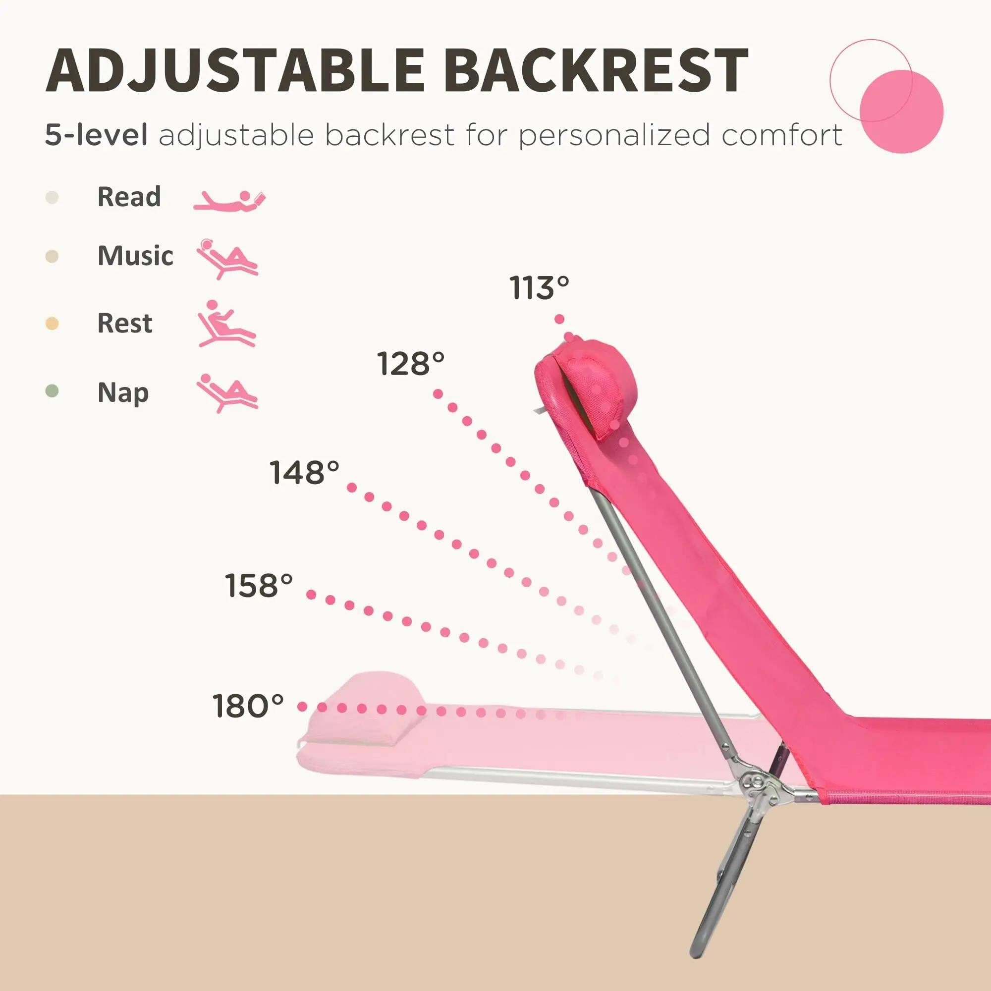 ADJUSTABLE BACKREST
5-level adjustable backrest for personalized comfort
Read 113°
Music 128°
Rest 148°
Nap 158°
180°