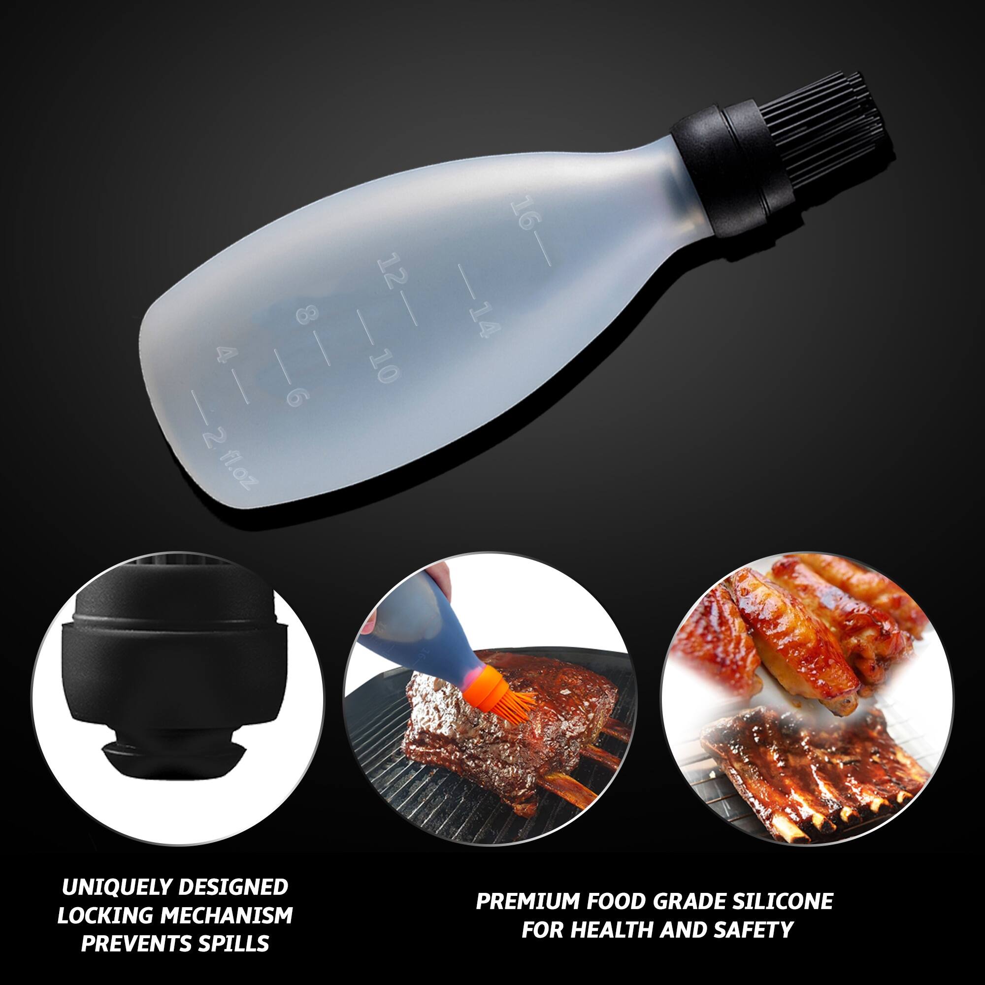 Angle. Gourmet Easy - Silicone Pastry Brush, All-in-One Slicone Basting Brush with Sauce Bottle, Heat Resistant BBQ Accessories - Black.