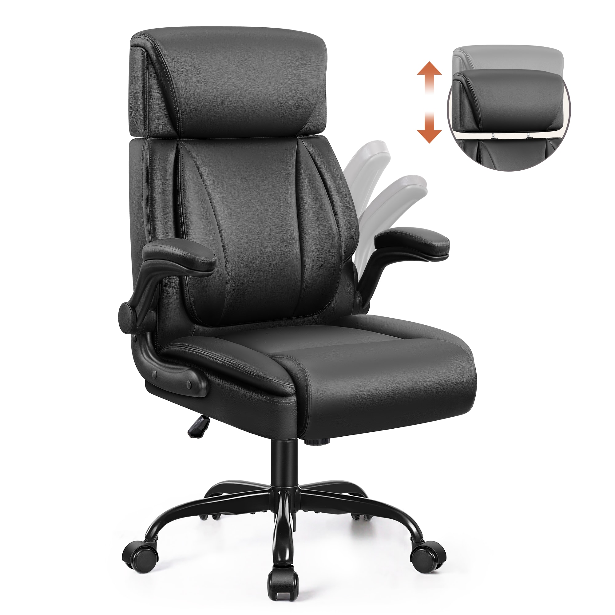 Brick Attic - Big and Tall Executive Office Chair with Adjustable Headrest,Ergonomic Computer Leather Chair with Flip-Up Armrests - Black