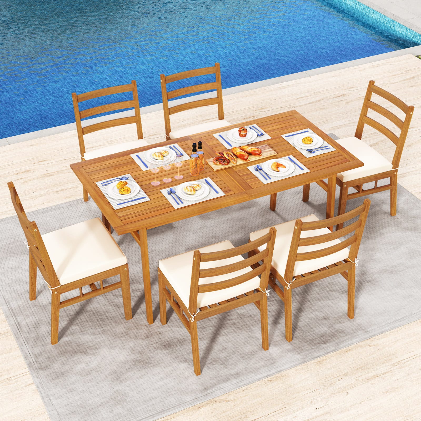 Front. Gymax - Gymax 7PCS Patio Acacia Wood Dining Set w/ 1.97'' Umbrella Hole & Cushions for Backyard - Natural.