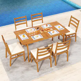 Gymax - 7PCS Patio Acacia Wood Dining Set w/ 1.97'' Umbrella Hole & Cushions for Backyard - Natural