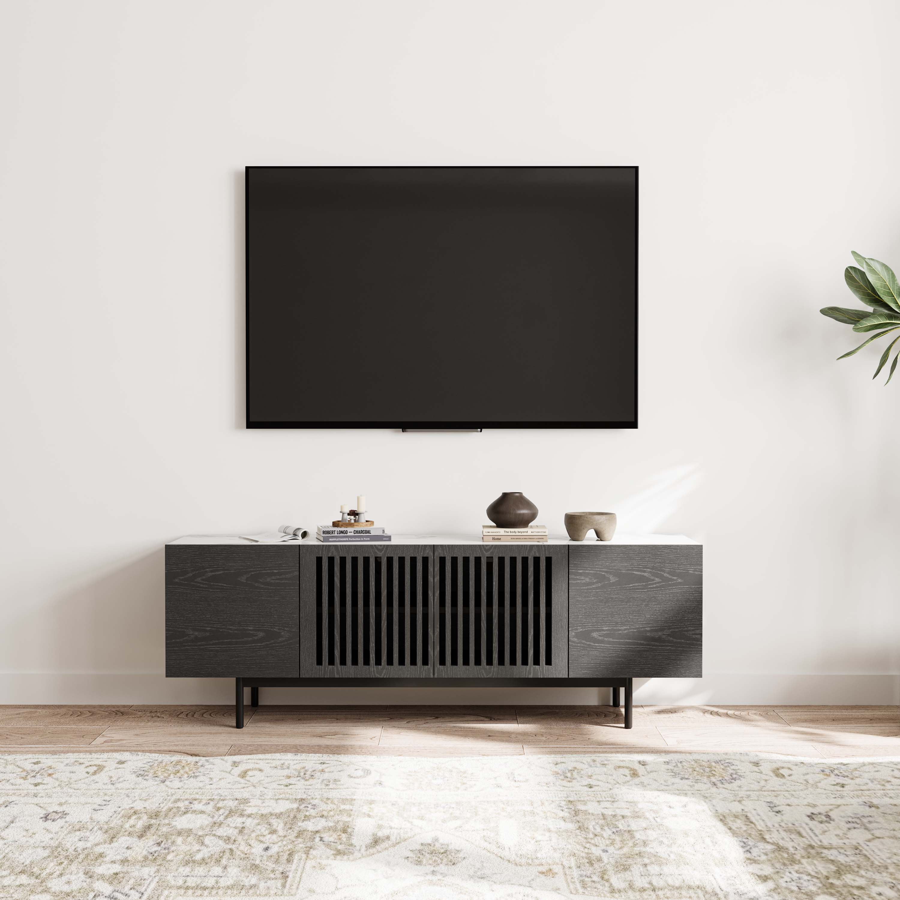 Angle. POVISON - 63" Mid-Century Modern TV Stand with Sintered Stone, Black Veneer Wood with Slatted Cabinet, Tall-Cast Metal Legs - Black.