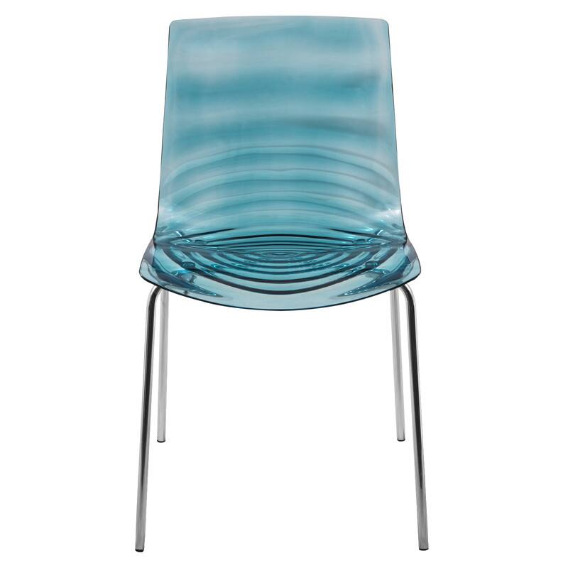 Left. LeisureMod - Set of 2 Astor Plastic Side Dining Chair with Accent Chrome Metal Legs and Ripple Design for Home or Office - Transparent Blue.
