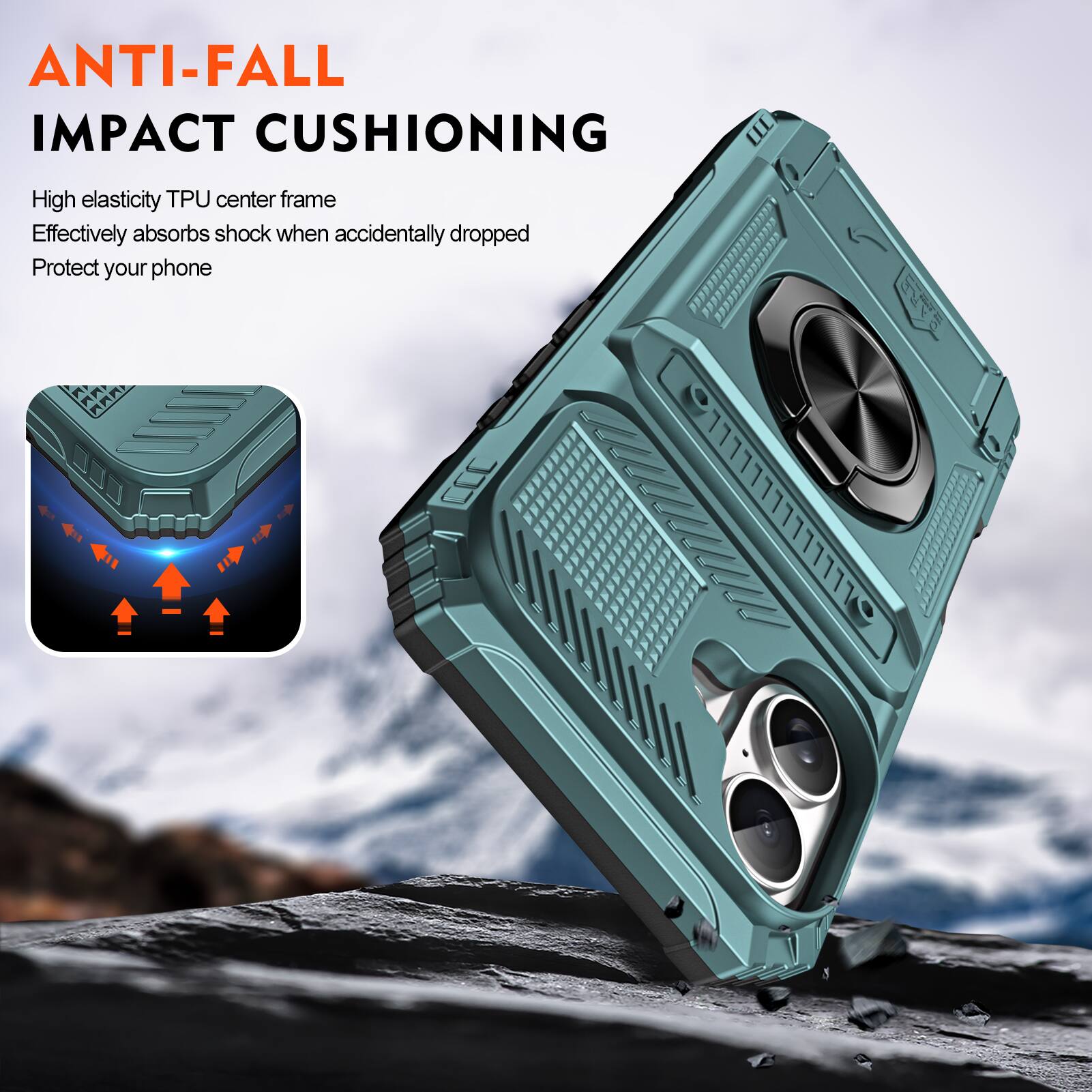 ANTI-FALL IMPACT CUSHIONING

High elasticity TPU center frame
Effectively absorbs shock when accidentally dropped
Protect your phone
