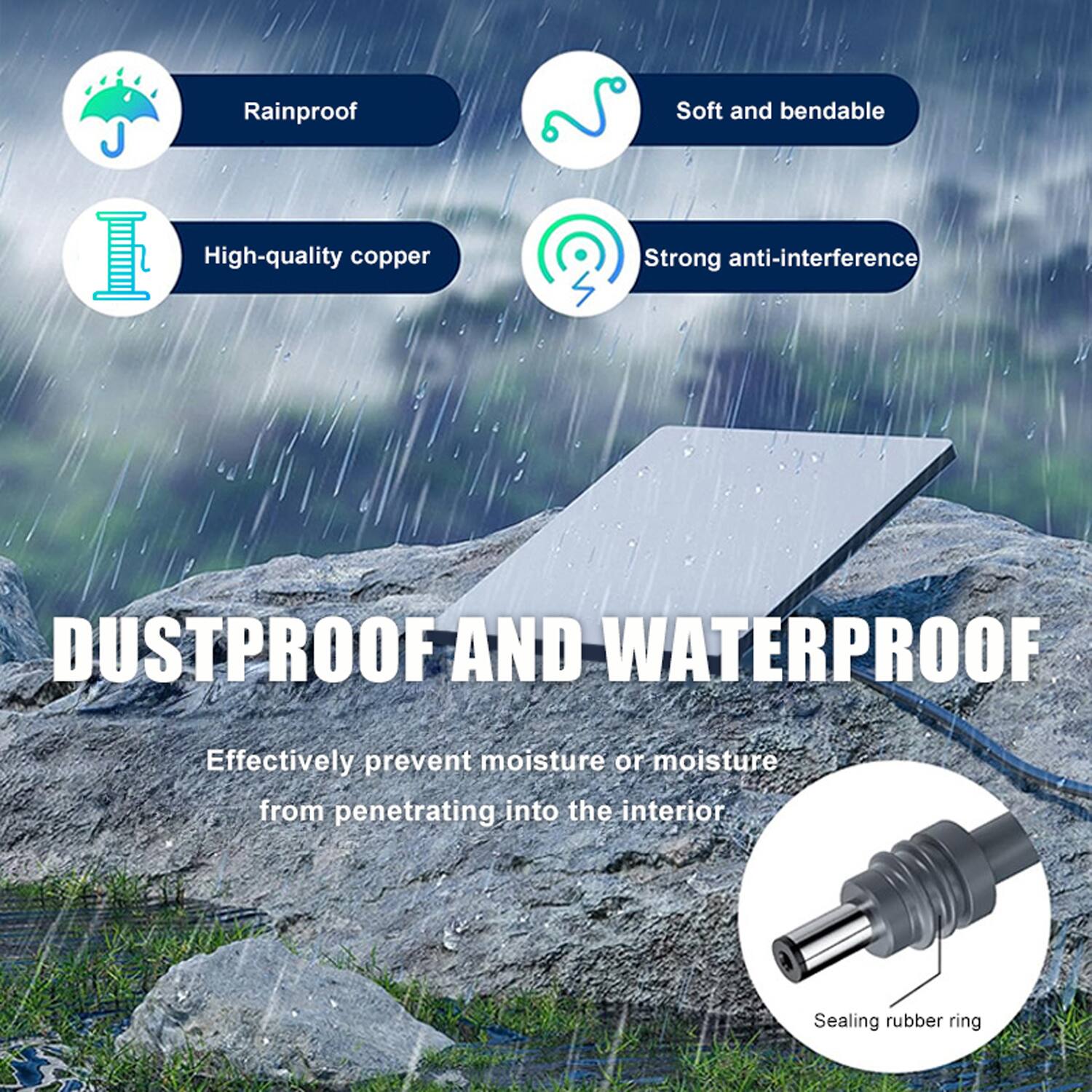 - Rainproof
- Soft and bendable
- High-quality copper
- Strong anti-interference

DUSTPROOF AND WATERPROOF

Effectively prevent moisture or moisture from penetrating into the interior.

Sealing rubber ring
