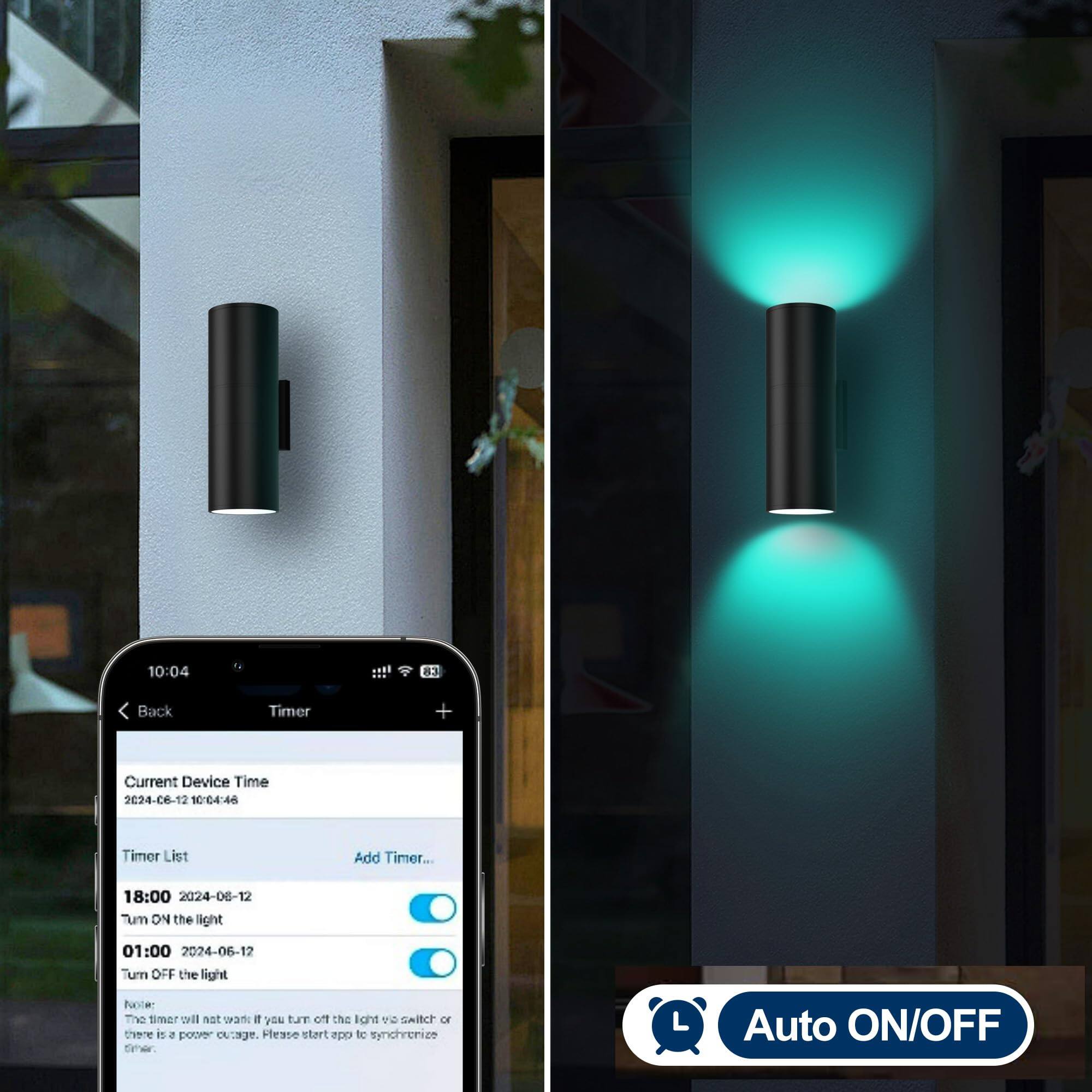 Sure, here is the corrected and grouped text:

---

**Timer**

**Current Device Time**  
2024-06-12 10:04:46

**Timer List**

- **18:00** 2024-06-12  
  Turn ON the light

- **01:00** 2024-06-12  
  Turn OFF the light

**Note:**  
The timer will not work if you turn off the light via switch or there is a power outage. Please start app to synchronize timer.

**Auto ON/OFF**

---

**Back**  
**Timer**  
**Add Timer...**