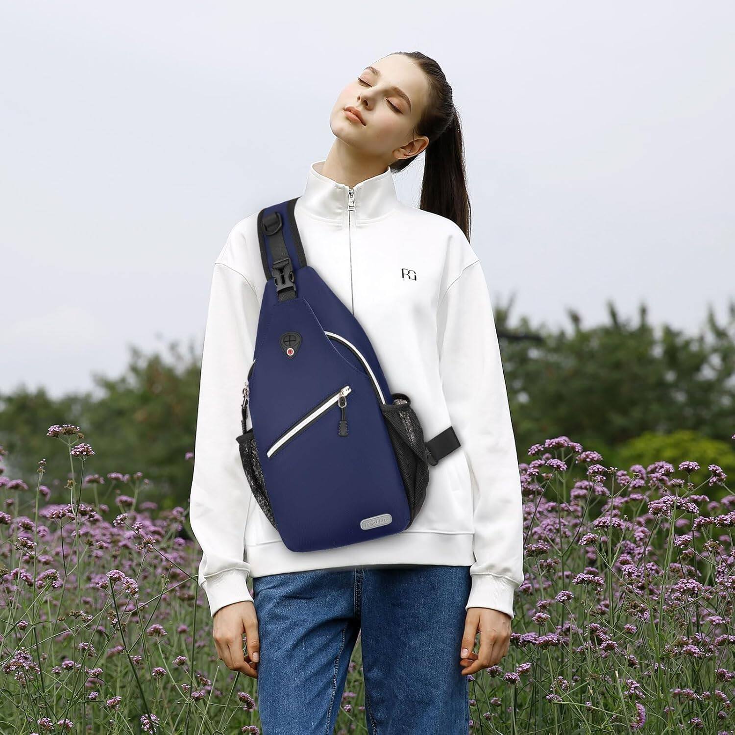 Alt View 5. mosiso - Sling Backpack Multipurpose Crossbody Shoulder Bag Travel Hiking Daypack - Navy Blue.