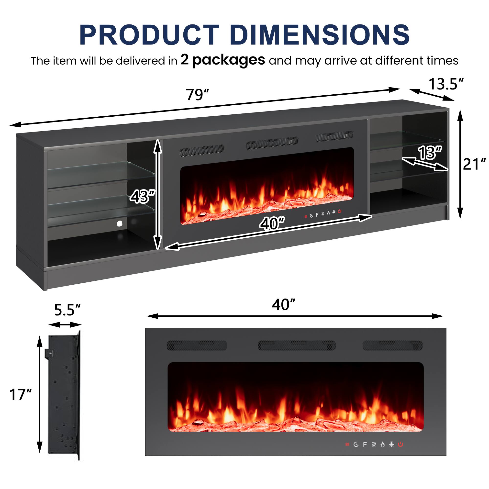 PRODUCT DIMENSIONS

The item will be delivered in 2 packages and may arrive at different times

- 79" (height)
- 43" (depth)
- 40" (width)
- 13.5" (height of the top section)
- 13" (depth of the top section)
- 21" (width of the top section)
- 5.5" (height of the bottom section)
- 17" (depth of the bottom section)
- 40" (width of the bottom section)