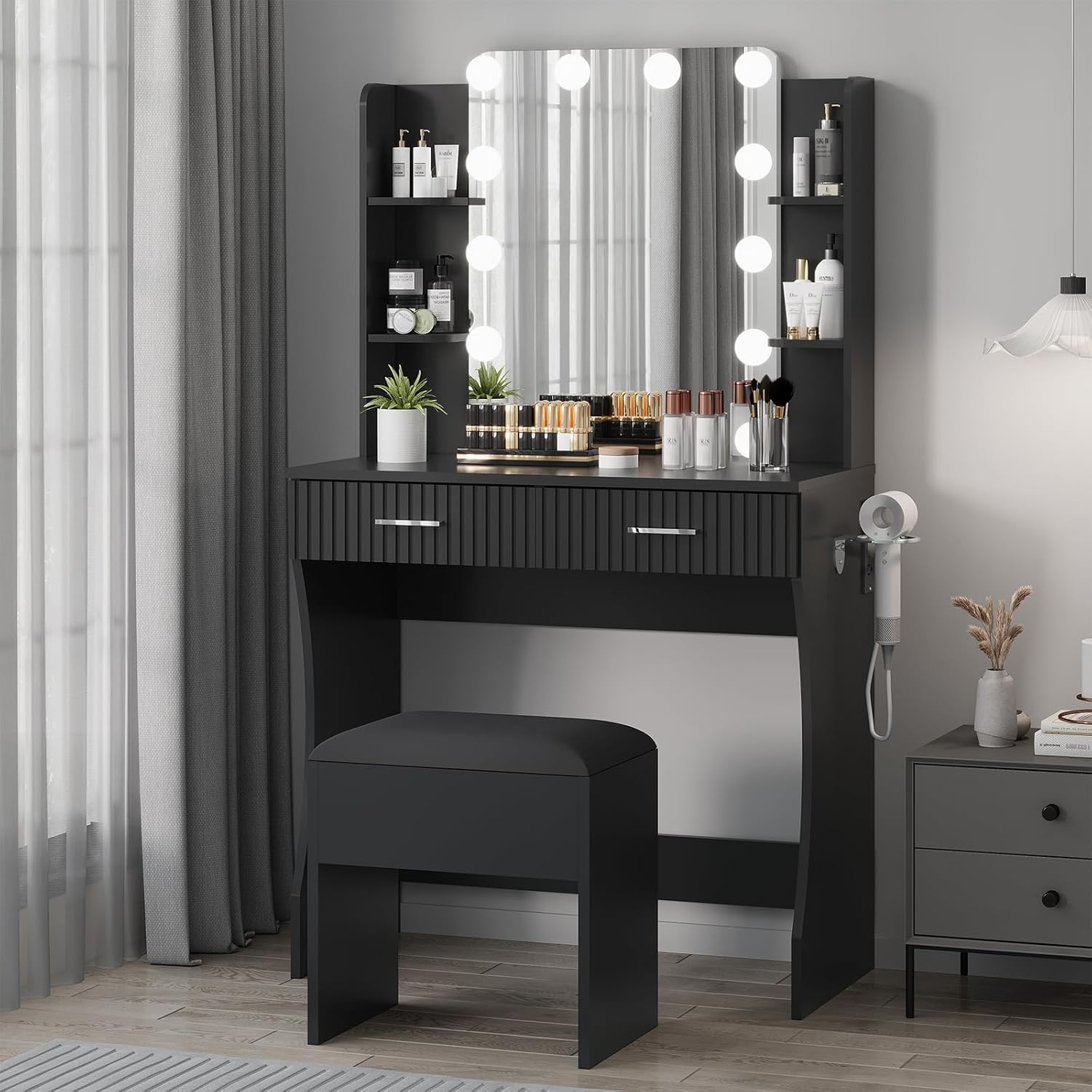 GARVEE - Makeup Vanity Desk with Mirror & 12 LED Lights, Power Outlet, 2 Drawers, 6 Shelves, Hair Dryer Holder, Stool - Black
