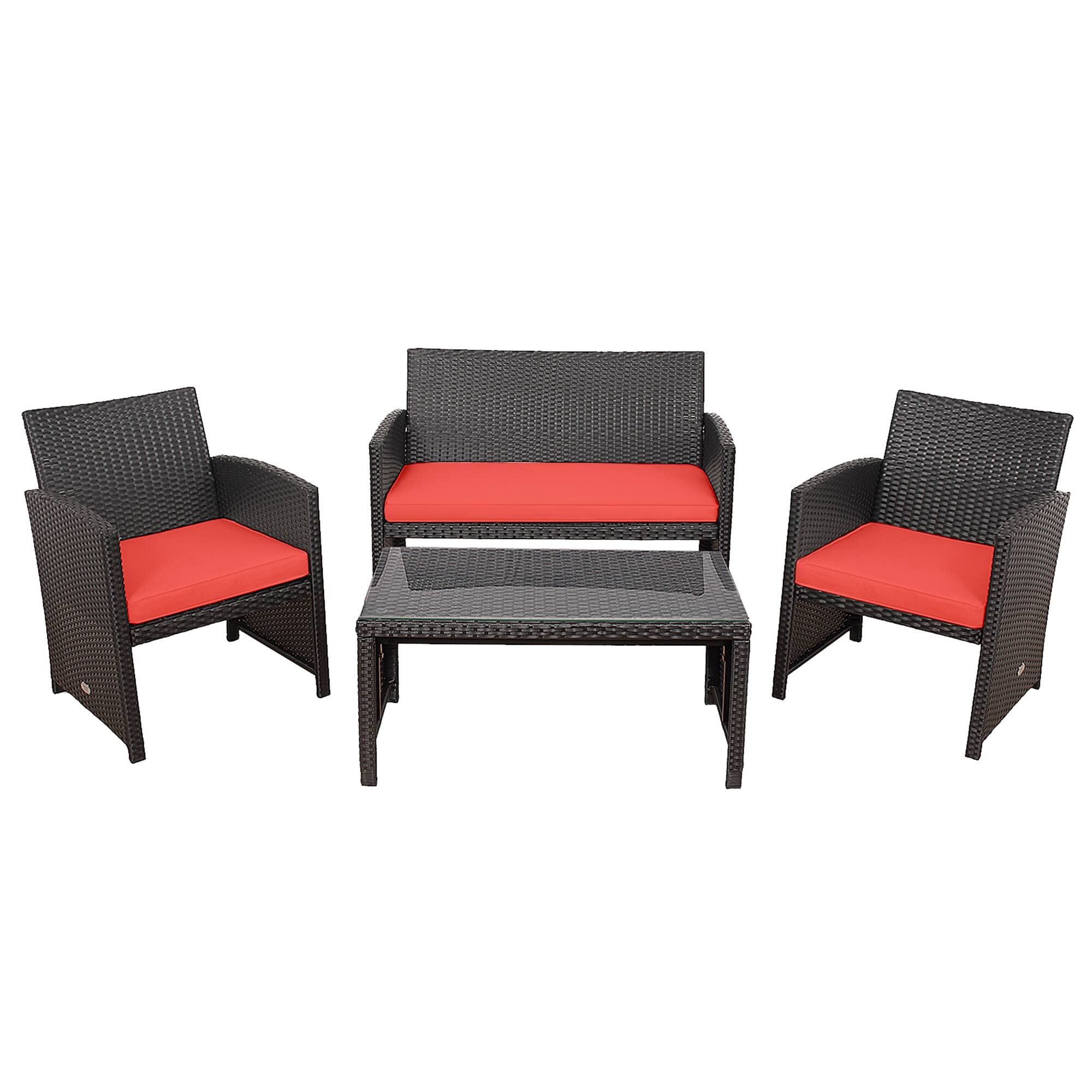 Alt View 1. Gymax - Gymax 4PCS Patio Conversation Set Outdoor Rattan Furniture Set w/ Red Cushions - Red.