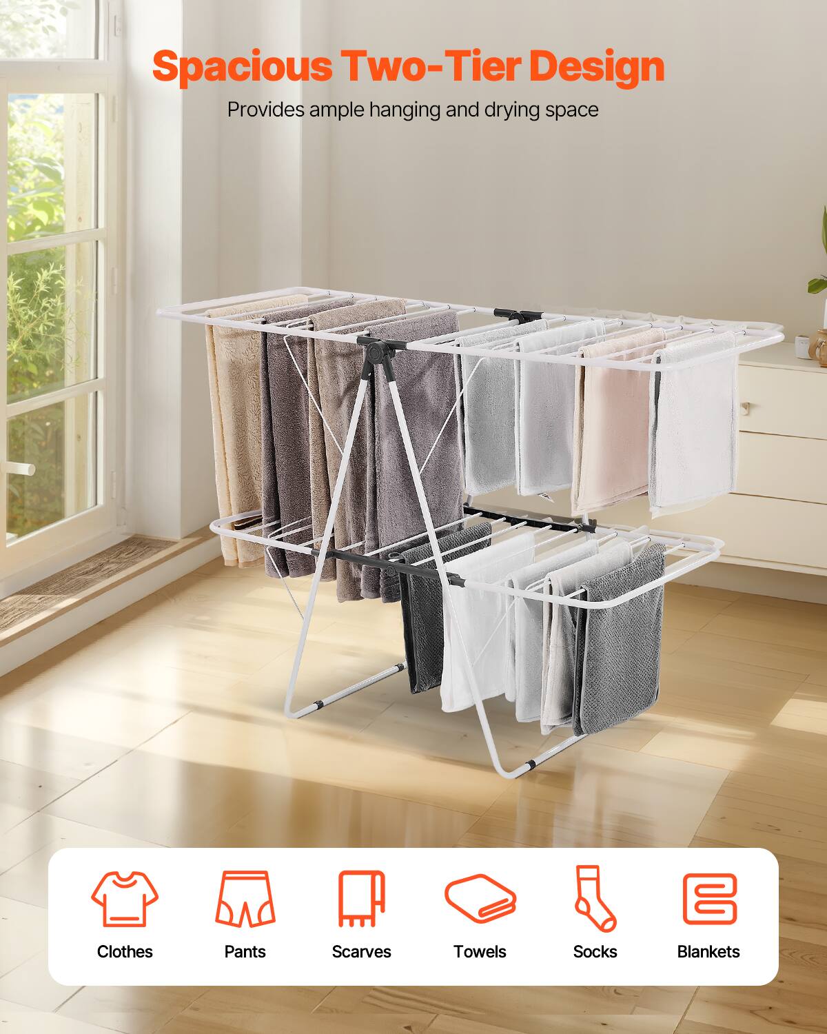 Spacious Two-Tier Design provides ample hanging and drying space for clothes, pants, scarves, towels, socks, and blankets.