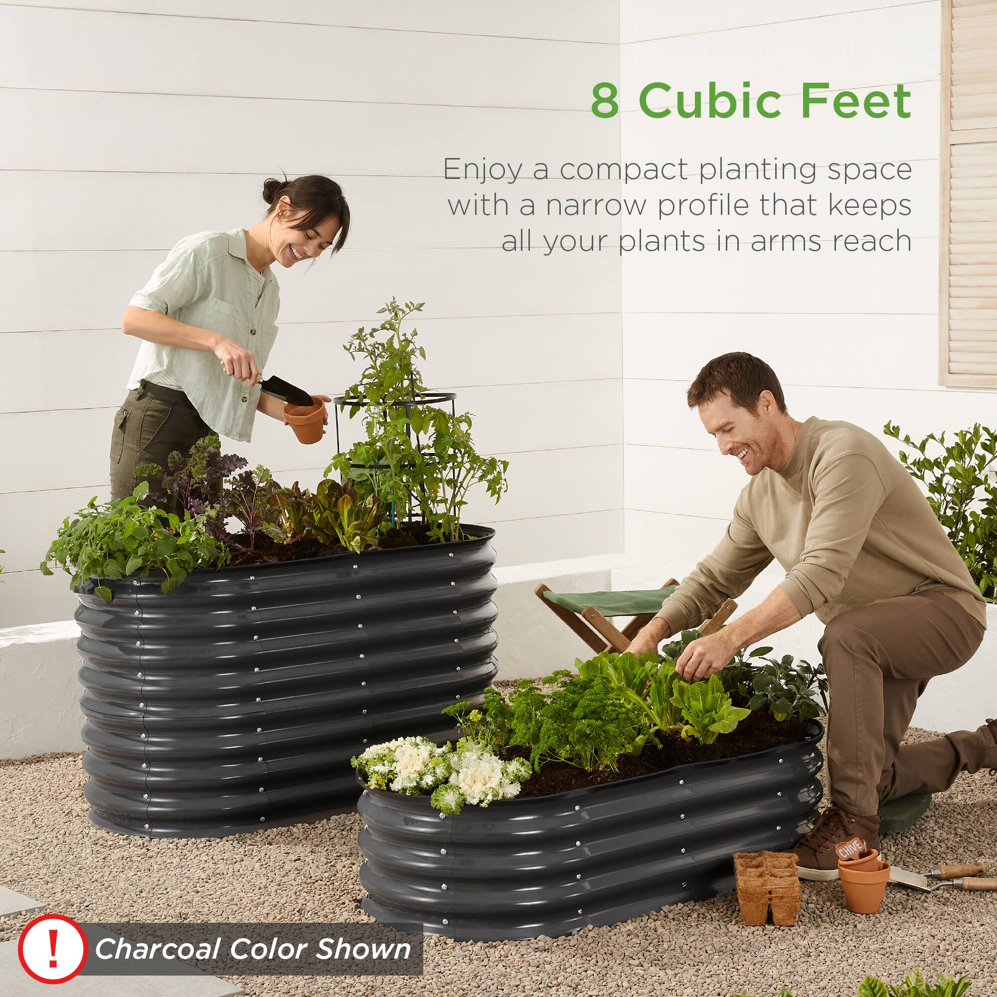 8 Cubic Feet  
Enjoy a compact planting space with a narrow profile that keeps all your plants in arms reach!  
Charcoal Color Shown