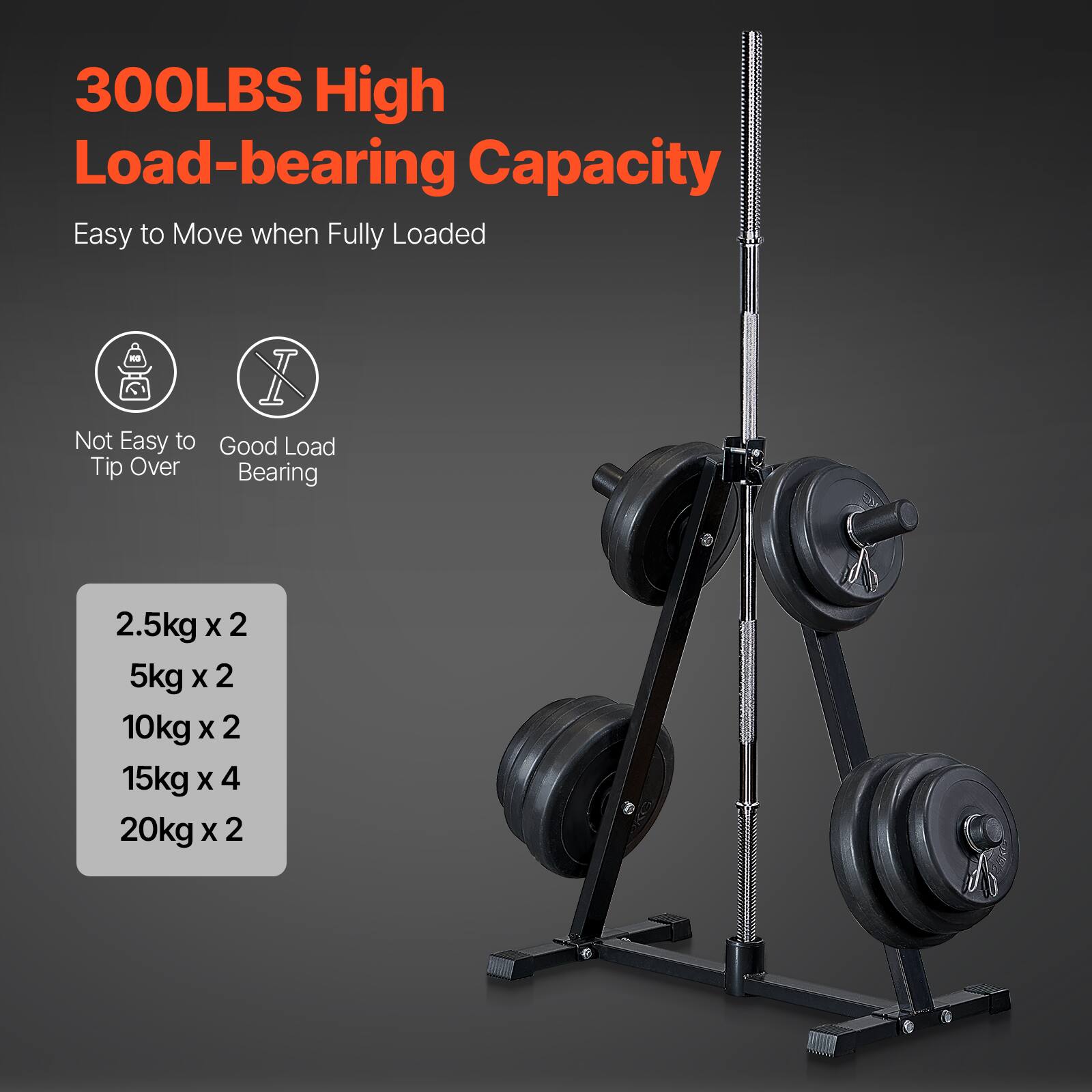 300LBS High Load-bearing Capacity

Easy to Move when Fully Loaded

Not Easy to Tip Over

Good Load Bearing

2.5kg x 2  
5kg x 2  
10kg x 2  
15kg x 4  
20kg x 2