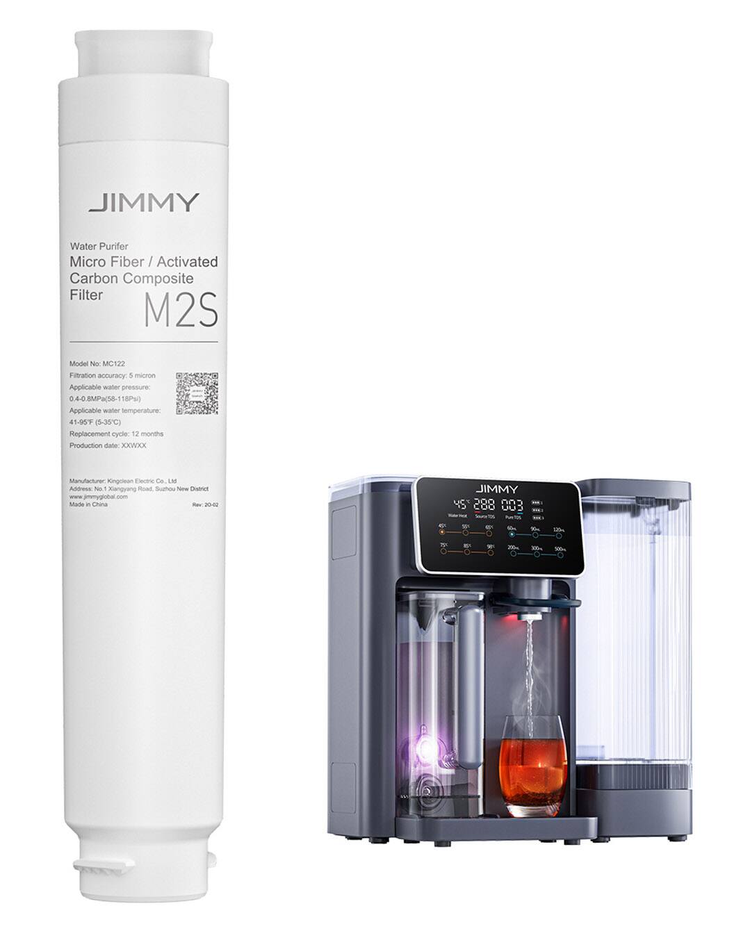 **JIMMY**

Water Purifier  
Micro Fiber / Activated Carbon Composite Filter  
M2S

Model No: MC122  
Filtration accuracy: 5 micron  
Applicable water pressure: 0.4-0.8MPa (5-11.8PSI)  
Applicable water temperature: 41-96°F (5-35°C)  
Replacement cycle: 12 months  
Production date: XXXXX

Manufacturer: Kingtean Electric Co., Ltd  
Address: No. 1 Klangyang Road, Sushou New District  
Website: www.jimmyglobal.com  
Made in China

---

**JIMMY**

45°C  
288 003

Water Purifier  
Source TDS  
Pure TDS  
Flow Rate  
50%  
60%  
70%  
80%  
90%  
100%  
120%  
200%  
300%  
500%