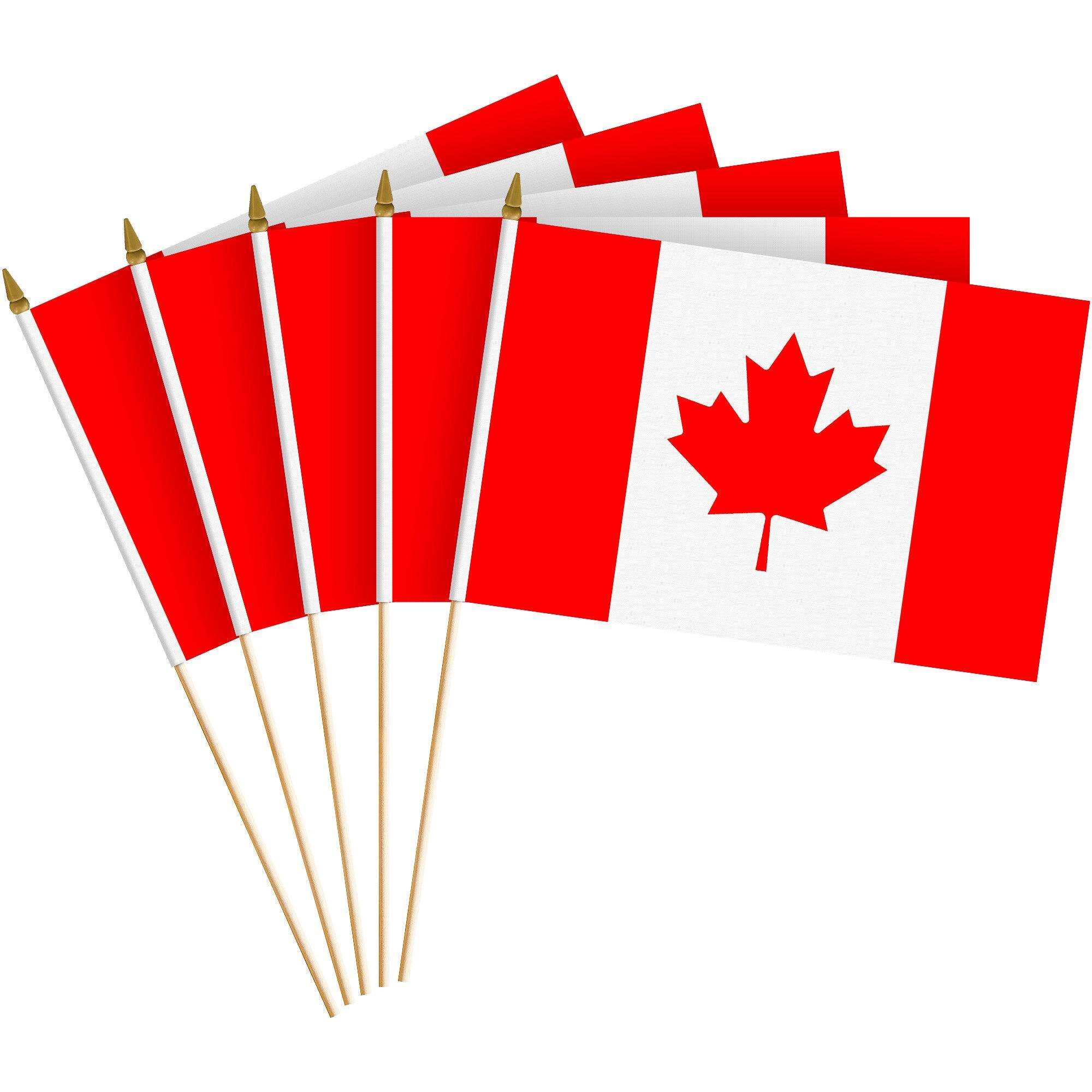 Front. G128 - 12-Pack Handheld Canada Flags — 8" x 12" 150D Polyester with Wooden Stick and Gold Spear Tip. - Assorted Colors.
