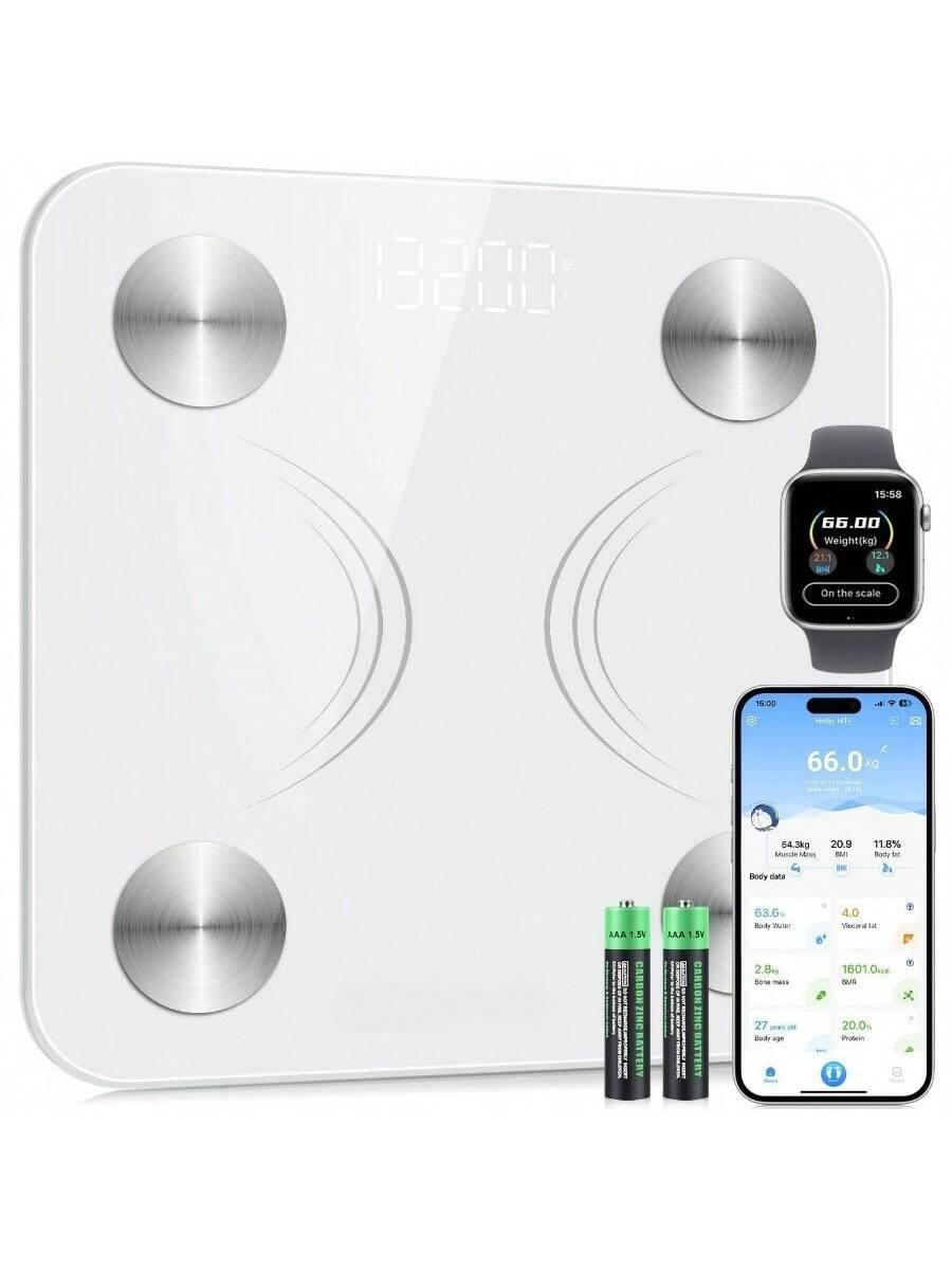 Sure, here is the corrected and grouped text:

---

**1200 1558 66.00**

**Weight(kg)**
- 21.1
- 12.1
- 1

**On the scale**

**1E00**

**66.0 kg**

**64.3 kg**

**Munida M**

**Body fat**
- 20.9
- 11.8%

**Body data**
- 63.6% Muscle mass
- 4.0 Visceral fat
- 2.8m Bone mass
- 27 years old
- 20.0% Protein

**AAA 1.5V**

**AAA 1.5V**

---

This text appears to be related to a body scale and its measurements, including weight, body fat percentage, muscle mass, visceral fat, bone mass, and age.