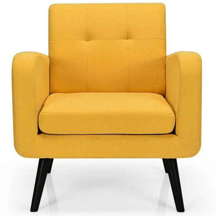 Angle. SlickBlue - Mid-Century Modern Accent Chair – Linen Upholstered Seating with Solid Wood Legs - Yellow.