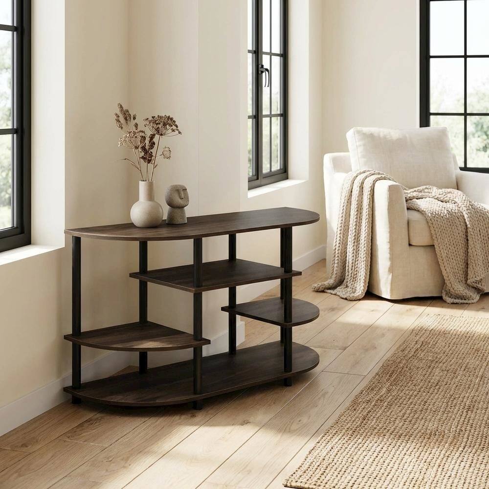 Alt View 2. FurniFact - Corner TV Stand in Columbia Walnut/Black, Modern Design, Wood-Composite Material - Brown Black.