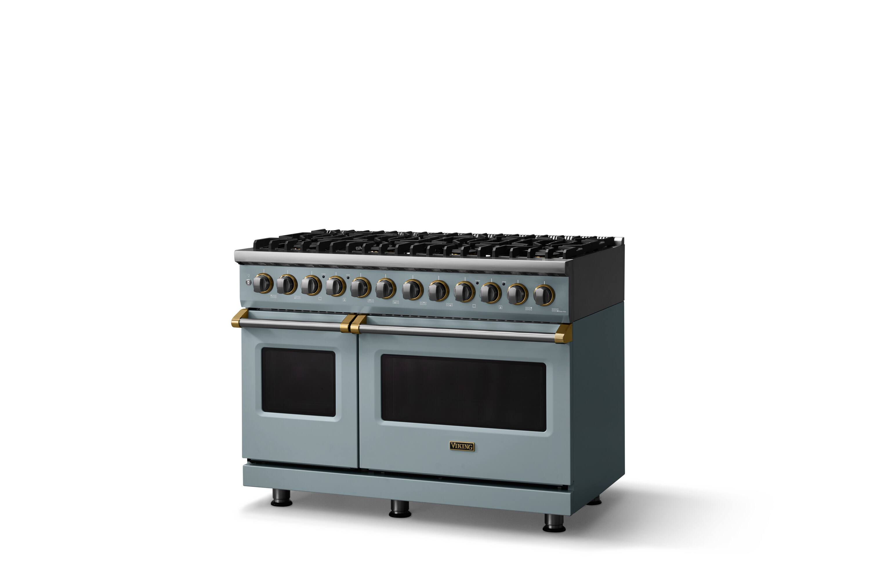 Angle. Viking - 48"W. P5S 7.3Cu. Ft. Freestanding Sealed Dual Fuel  Convection 8 Burner Range/Griddle with Brushed Brass Trim - November Sky.