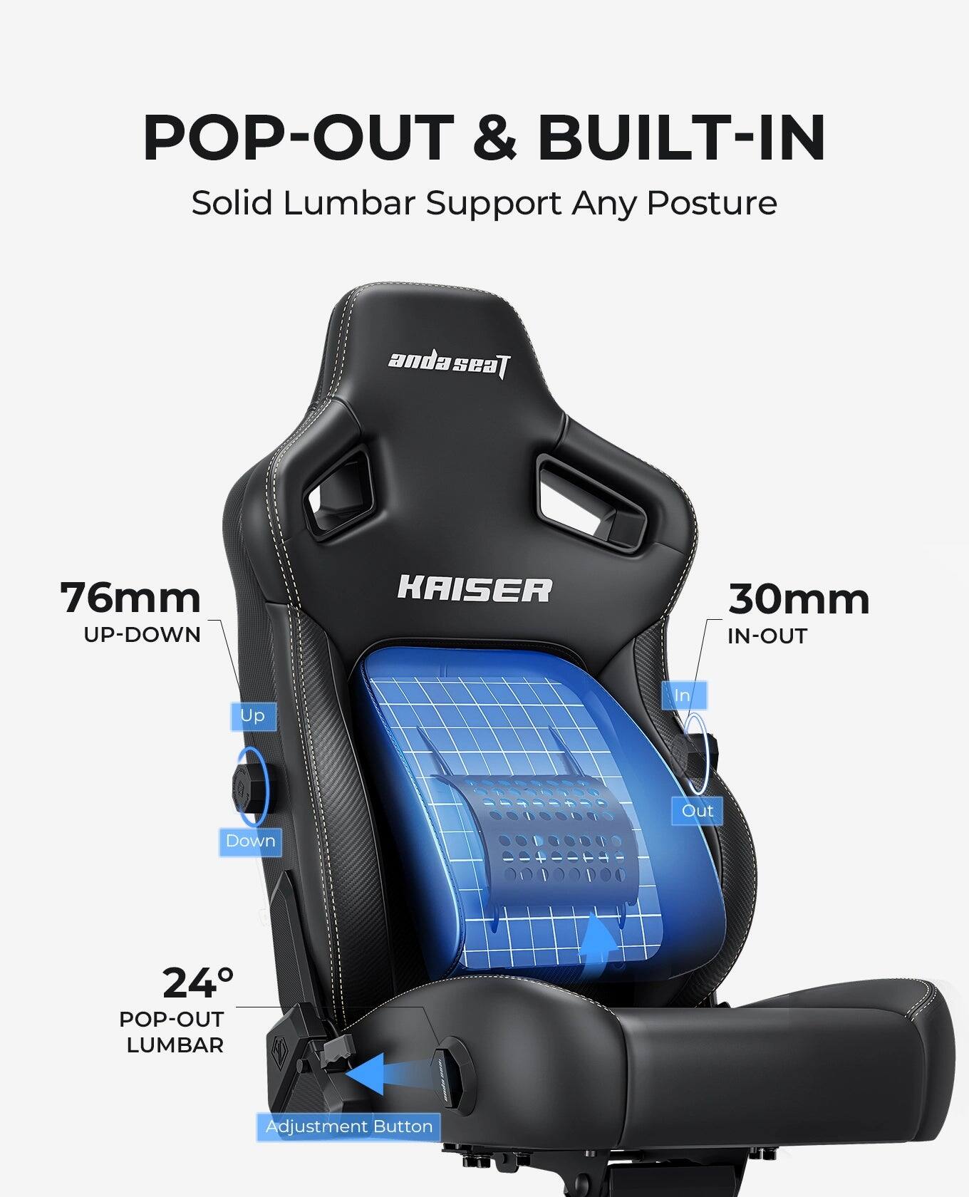 POP-OUT & BUILT-IN, Solid Lumbar Support Any Posture, 76mm UP-DOWN, KAISER, 30mm IN-OUT, Up, In, Out, Down, 24° POP-OUT LUMBAR, Adjustment Button