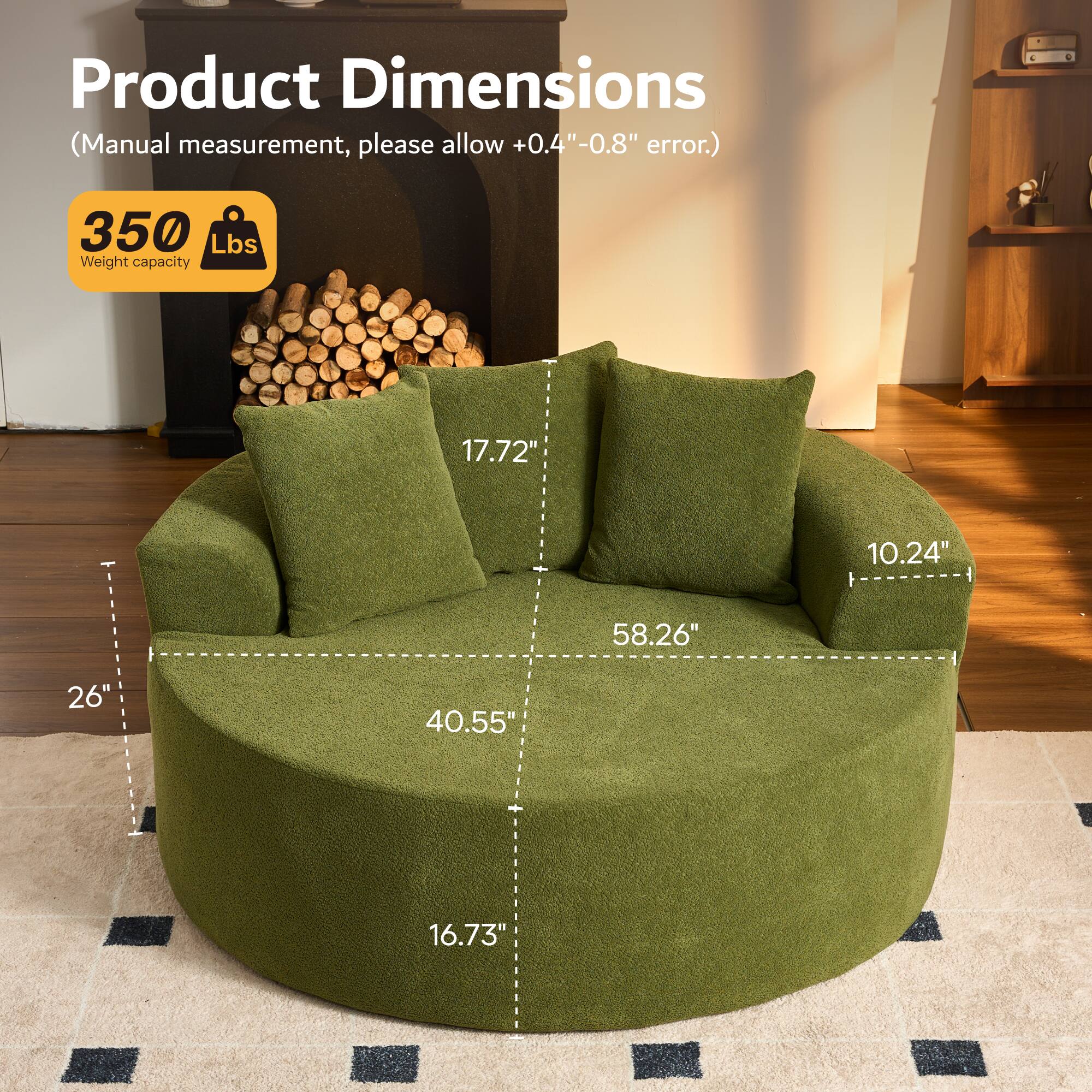 Product Dimensions  
(Manual measurement, please allow +0.4"-0.8" error.)  

350 Lbs Weight capacity  

17.72"  
10.24"  
58.26"  
26"  
40.55"  
16.73"