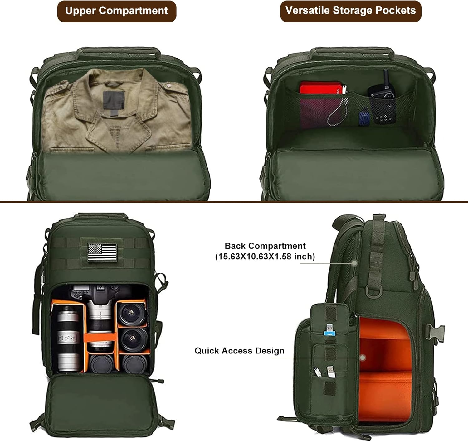 Upper Compartment  
Versatile Storage Pockets  
Back Compartment (15.63X10.63X1.58 inch)  
Quick Access Design