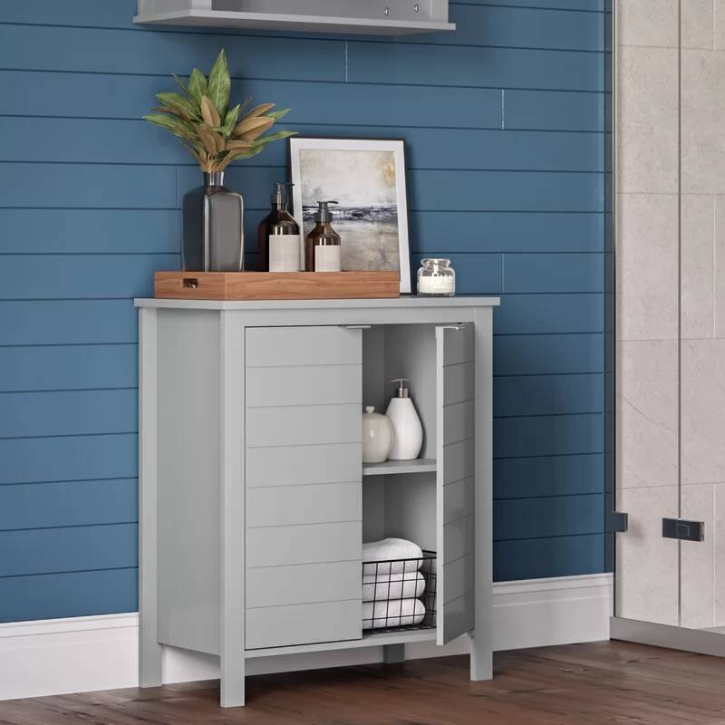 Angle. Hivvago - Bathroom Linen Cabinet with Storage Shelf in Grey Wood Finish - Grey.
