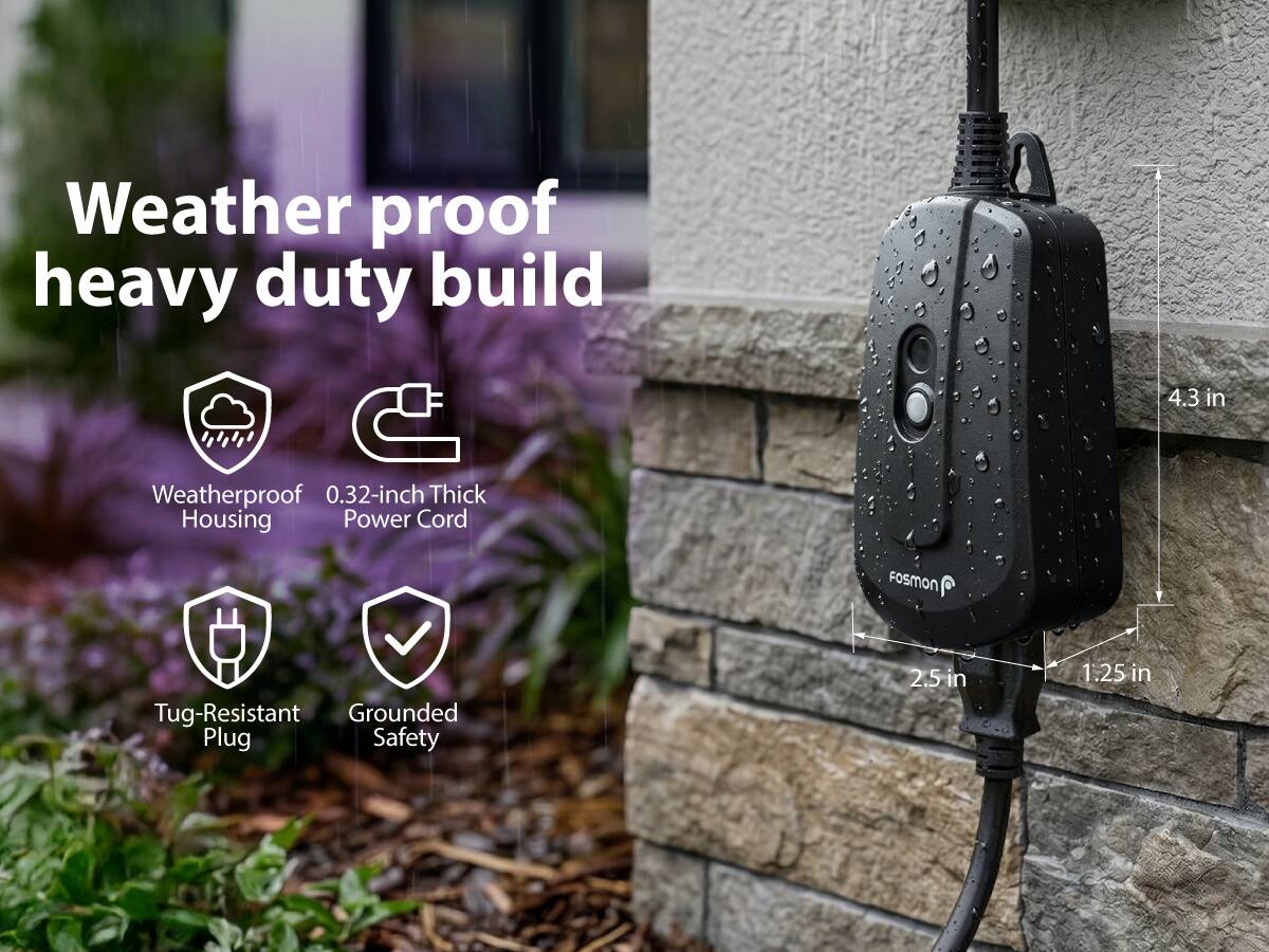 Weatherproof heavy duty build

- Weatherproof Housing
- 0.32-inch Thick Power Cord
- Tug-Resistant Plug
- Grounded Safety

4.3 in  
2.5 in  
1.25 in