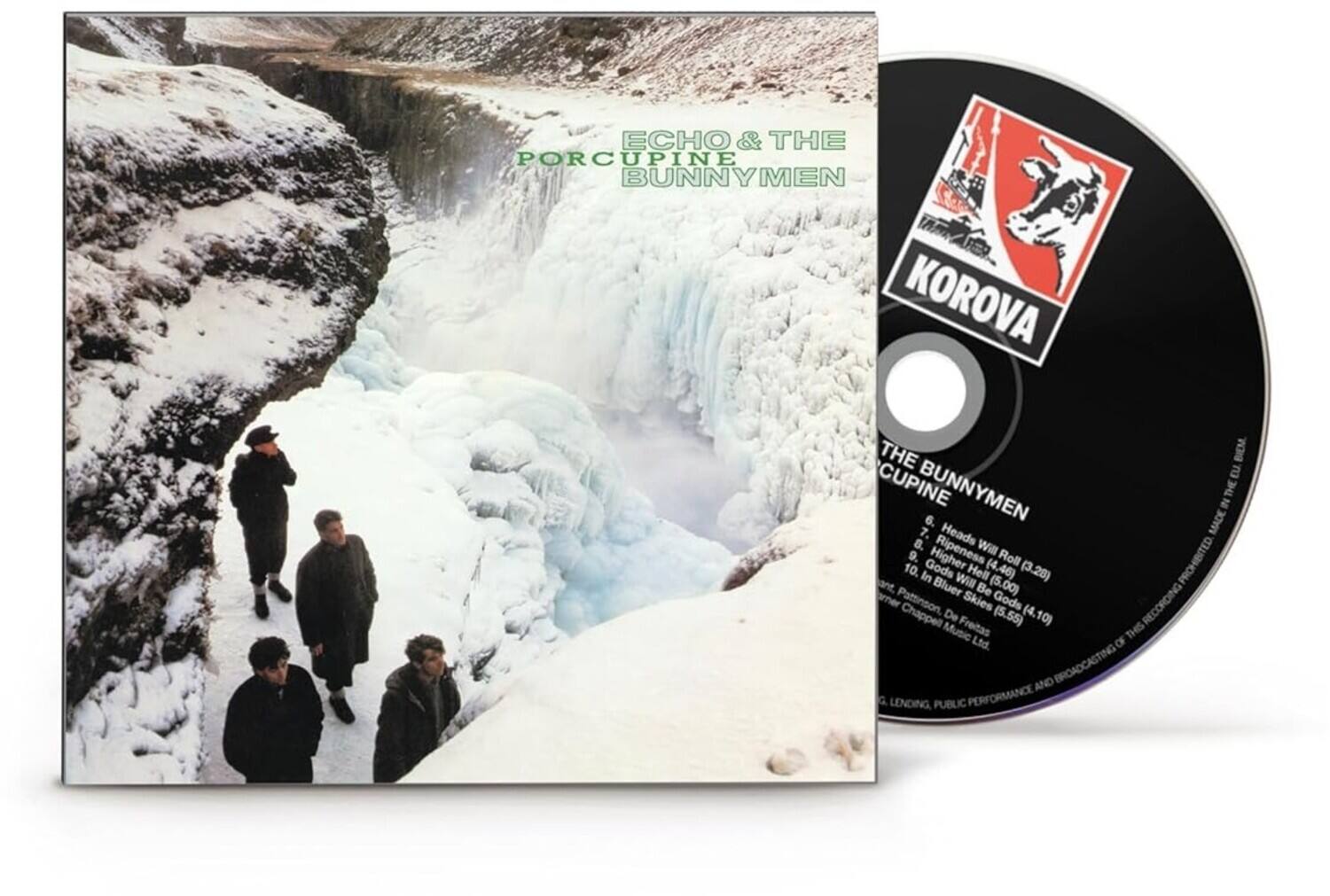 **Album Cover:**
- ECHO & THE PORCUPINE BUNNYMEN

**CD Label:**
- KOROVA
- THE BUNNYMEN

**Tracklist:**
1. Heads Will Roll (3:28)
2. Ripeness (4:46)
3. Higher Roll (4:00)
4. Gods Hell (5:00)
5. In Blue Be (5:55)
6. Music (4:10)

**Additional Text:**
- Recorded by Pattinson, De Chappel
- Music Freitas
- Lending, Public Performance and Broadcasting of this Record is Prohibited
- © 1984 KOROVA RECORDS LTD.