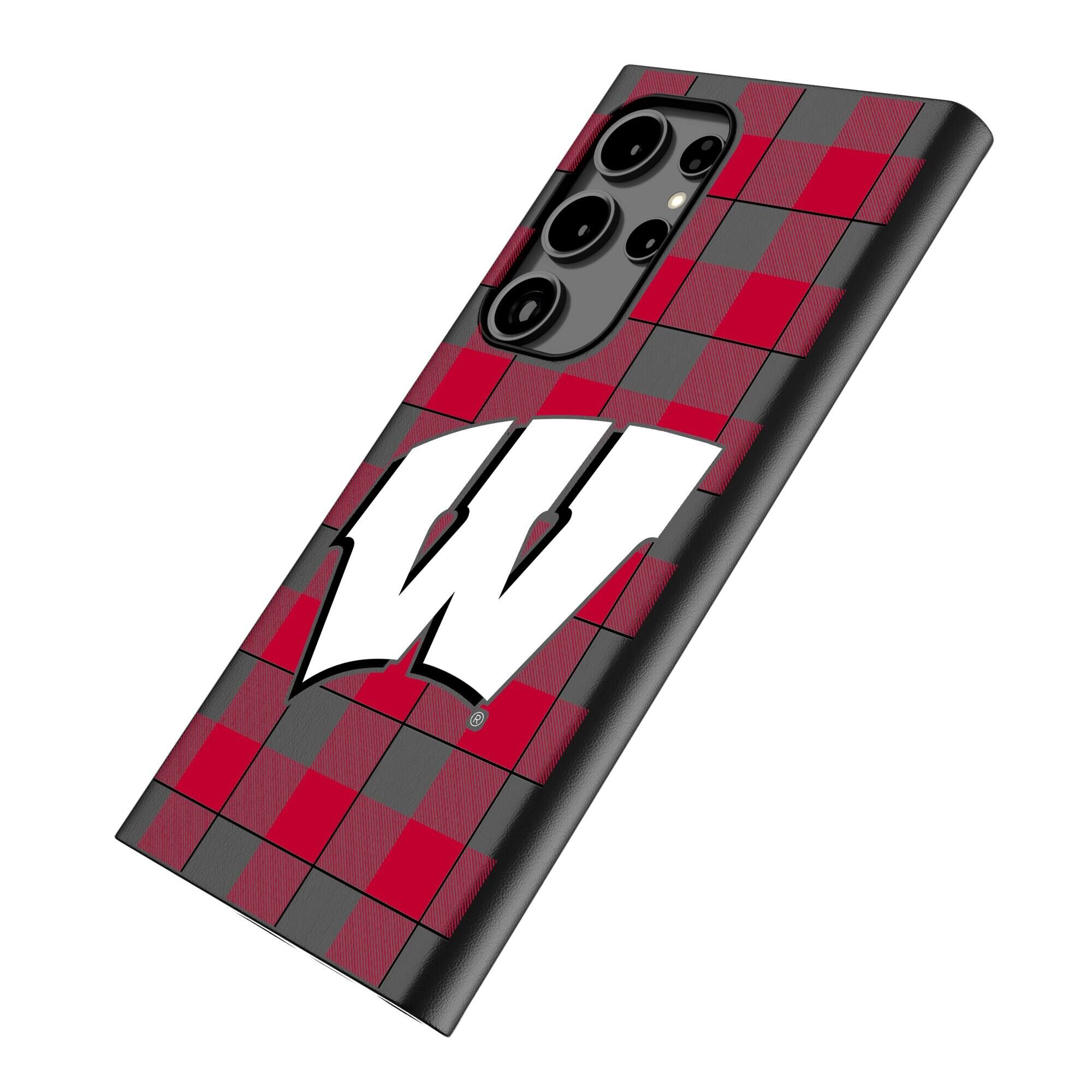 Alt View 1. Keyscaper - Wisconsin Badgers Plaid Galaxy Magnetic Bump Case - S25 - Black.