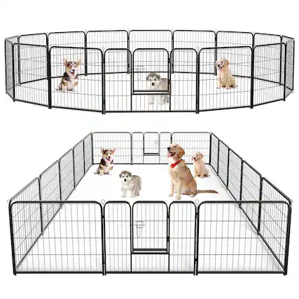 Front. AENKYO - 24" Dog Playpen 16 Panel Metal Exercise Pen with Door for Outdoor, Garden, Yard.