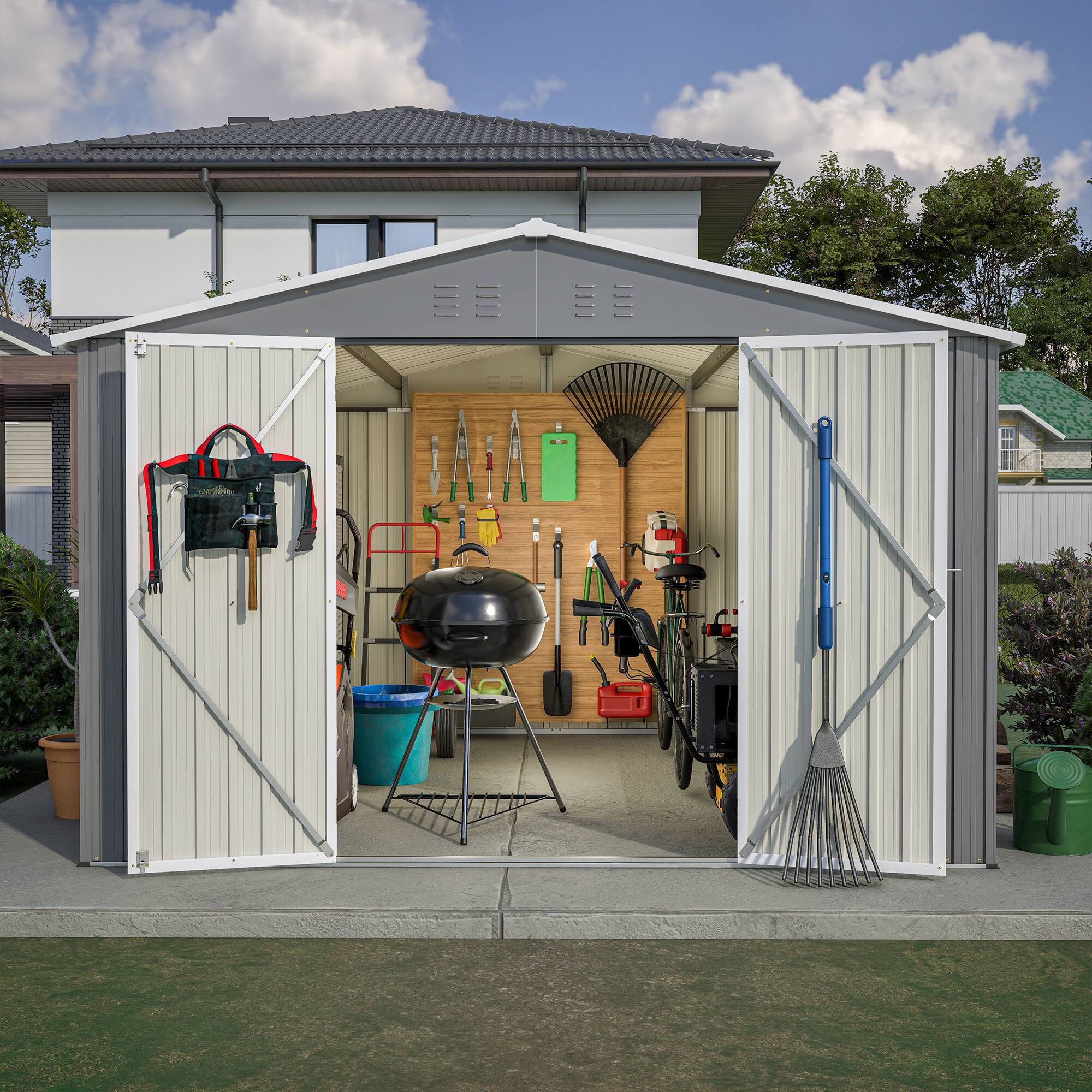 Alt View 5. Loheer - Loheer 10x10 Outdoor Storage Shed Large Metal Tool Shed Grey Lockable Doors for Backyard Garden Patio.