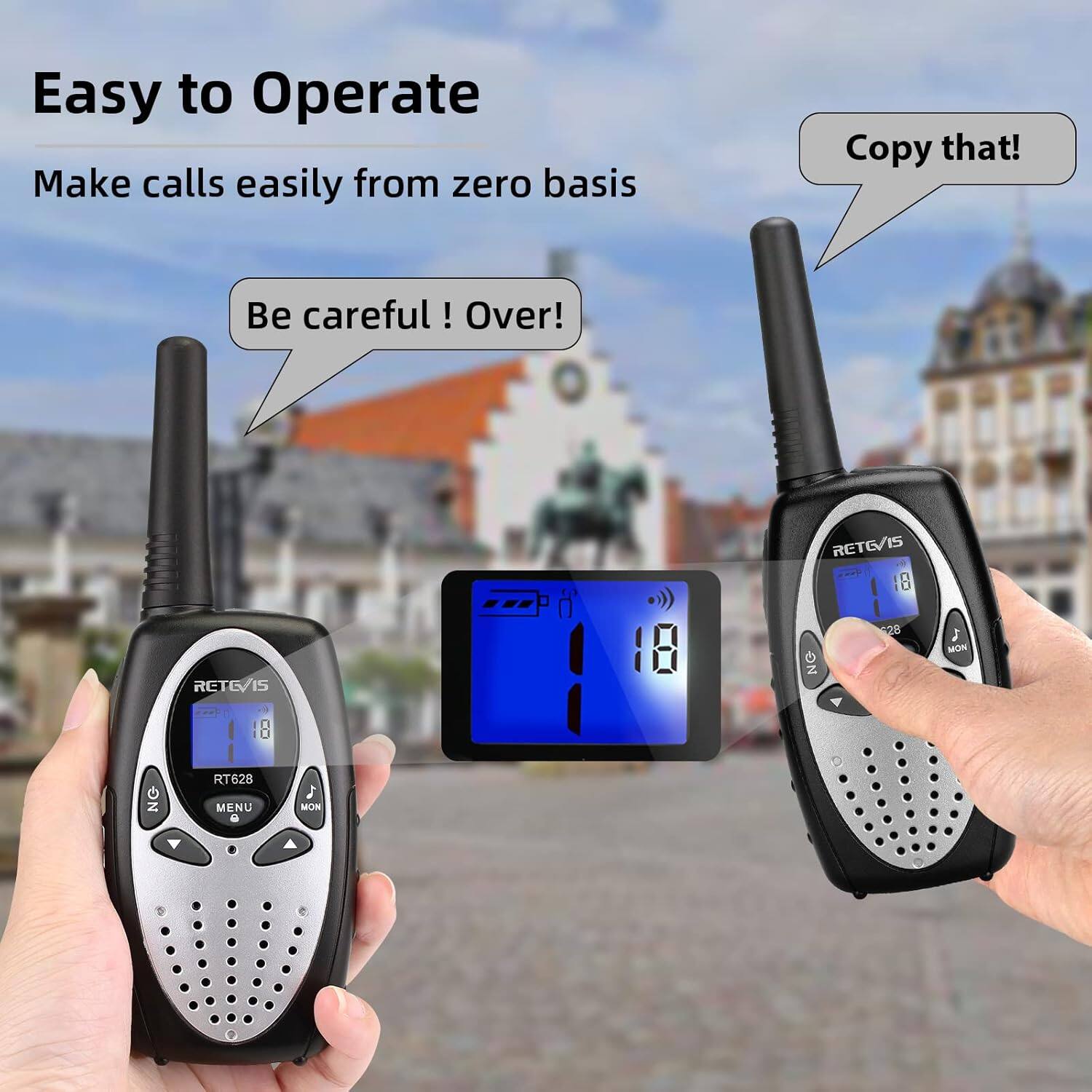 Easy to Operate  
Make calls easily from zero basis  

Be careful! Over!  

Copy that!  

RETG/IS  
RT628  
MENU  
MON  

RETG/IS  
RT628  
MENU  
MON