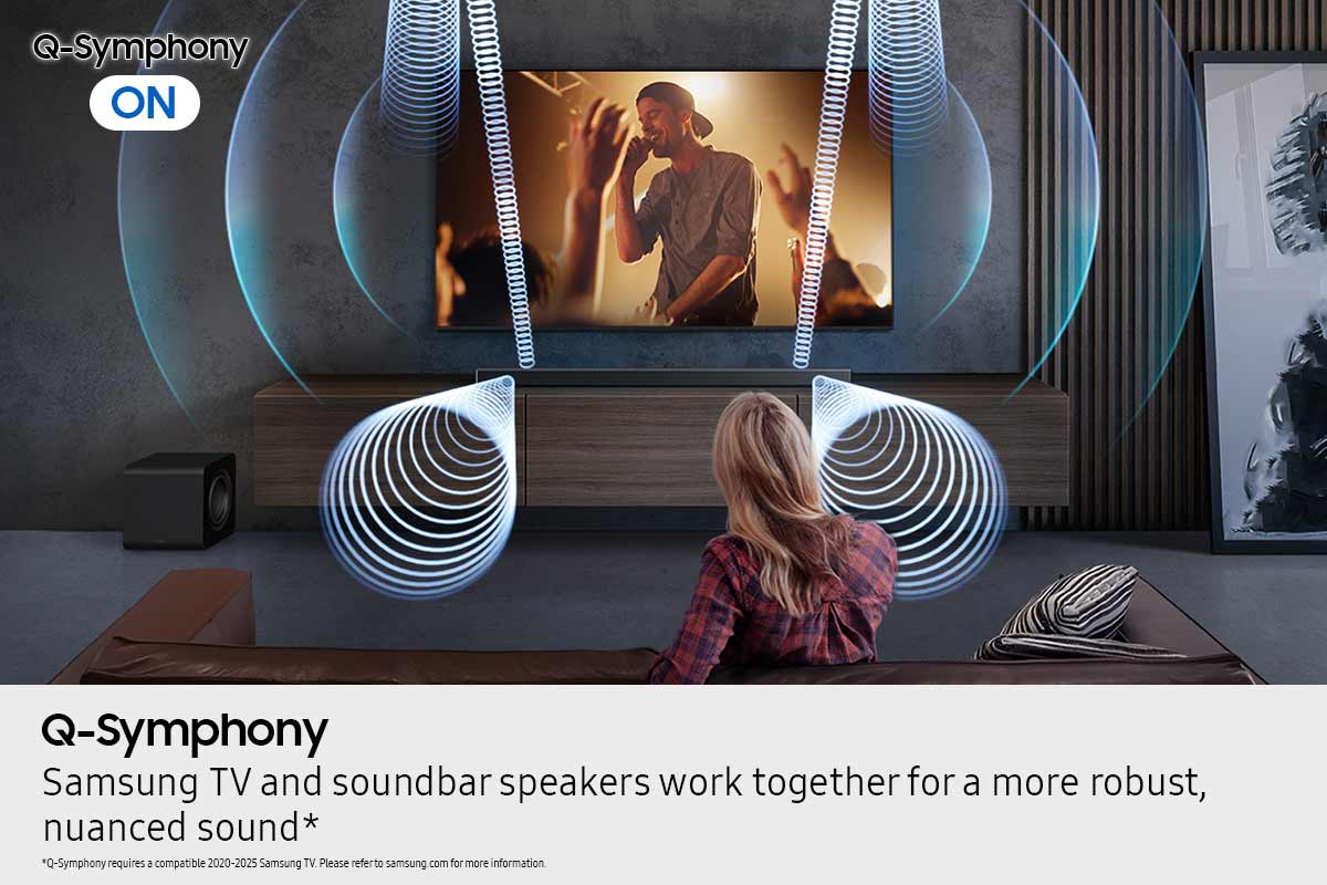 Q-Symphony is a feature that allows Samsung TV and soundbar speakers to work together for a more robust, nuanced sound. This feature requires a compatible 2020-2025 Samsung TV. For more information, please visit samsung.com.