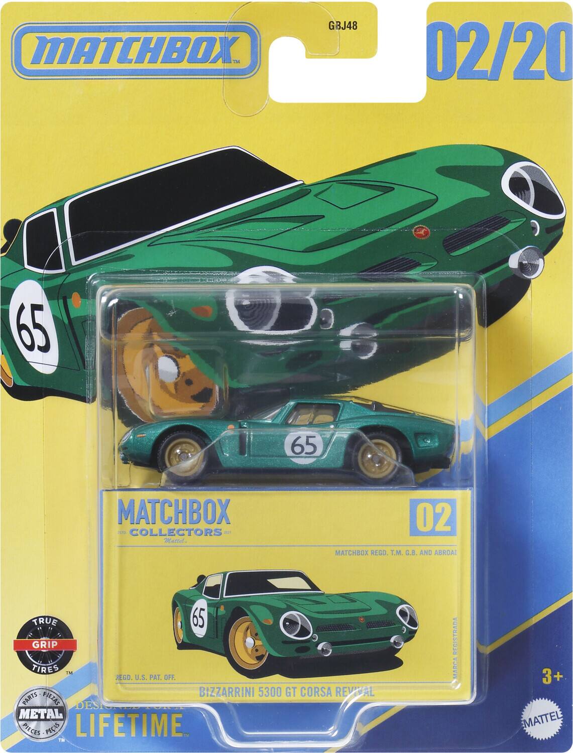 MATCHBOX T GBJ48 02/20 65 65 MATCHBOX COLLECTORS - Kattel. 02 MATCHBOX REGO T.M. G.B. AND ABROAD TRUE 65 GRIP TIRES TME REGD. U.S. PAT. OFF. BIZZARRINI 5300 GT CORSA REVIVAL PARTS FIEZAS DESI METAL PIECES PECAS LIFETIME T REGISTRADA NVBLY 3+ EMATTEL