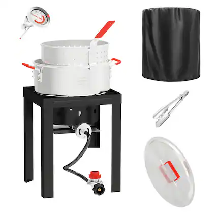 Front. FODINGHILL - 10QT Aluminum Deep Fryer with Basket, Includes Lid, Grill Tongs & Thermometer, Perfect for Home & Outdoor Use - silver.