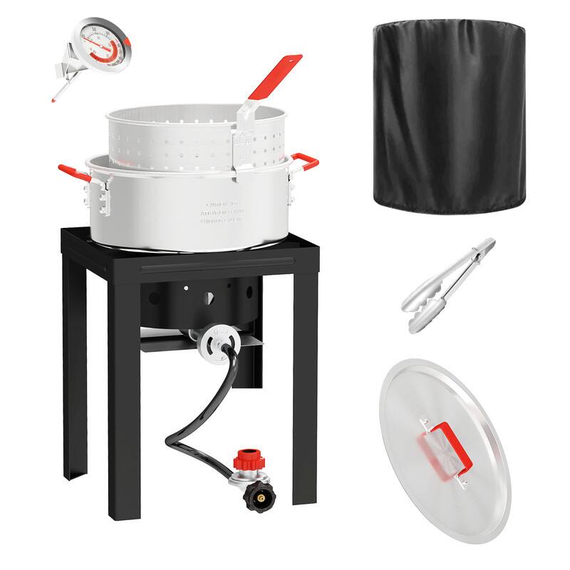 Front. FODINGHILL - 10QT Aluminum Deep Fryer with Basket, Includes Lid, Grill Tongs & Thermometer, Perfect for Home & Outdoor Use - silver.