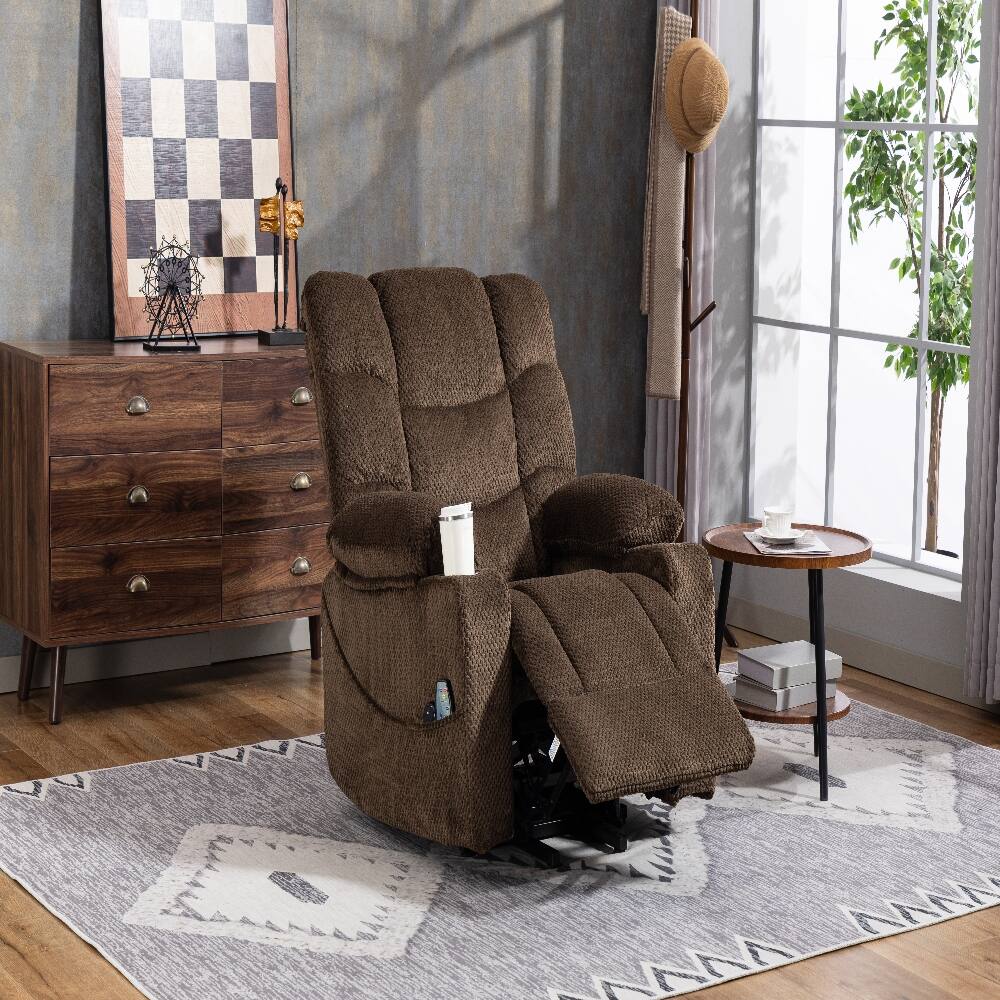 Back. Ropilly - Ropilly brown velvet power lift recliner with heated massage and cup holder - Brown.