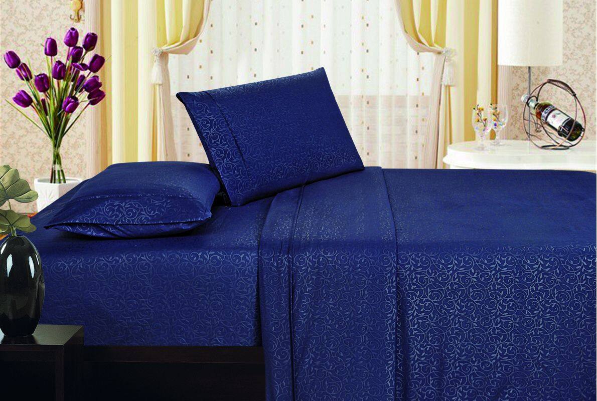 Angle. Plazatex - 1800 Series Vine Embossed Wrinkle Resistant Sheet 4pc SetQueen - Navy - NV.
