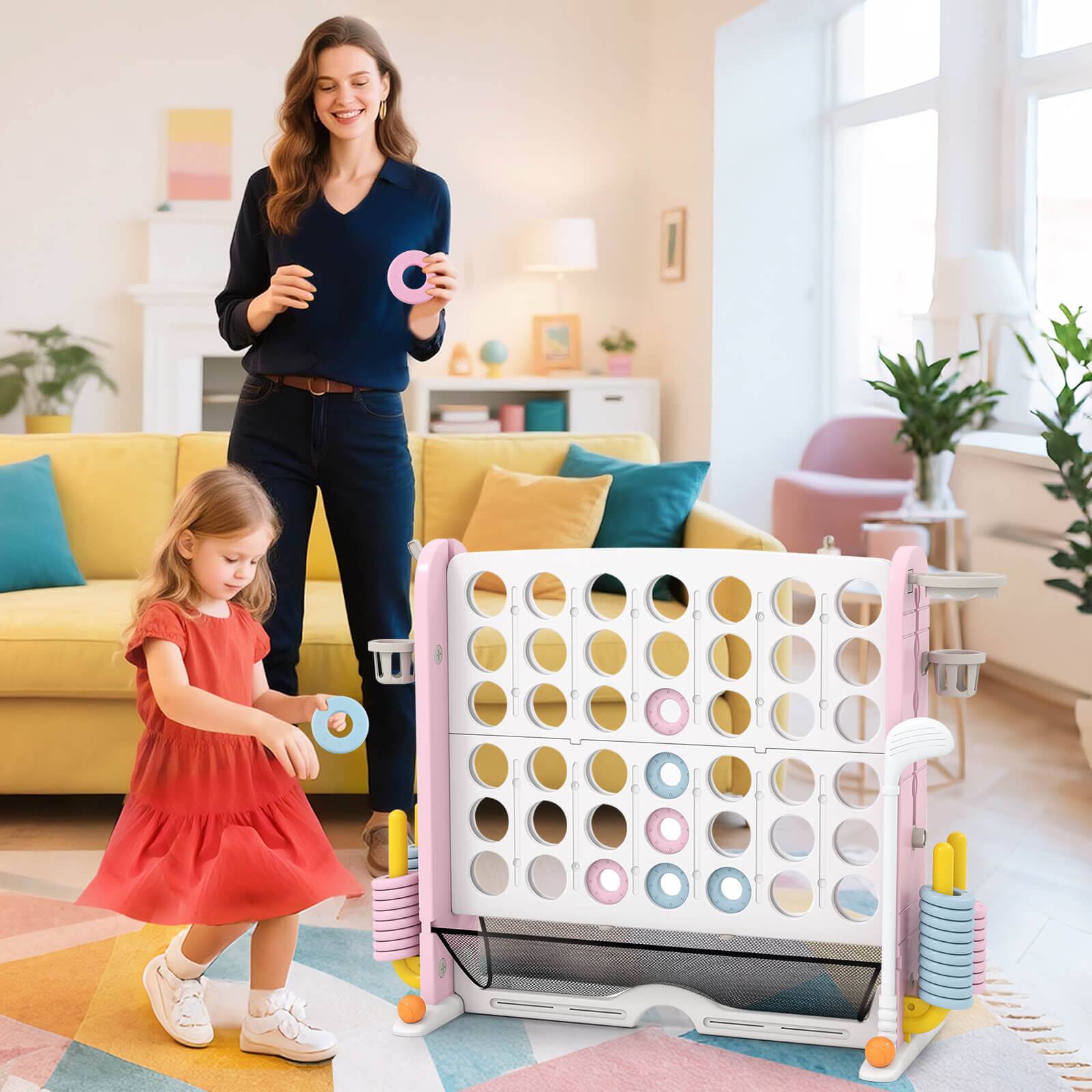 Alt View 1. Costway - Costway Giant 4-in-a-Row Game Set with Ring-toss, Basketball Hoop, Golf Club & Cup Holders - Pink,White.