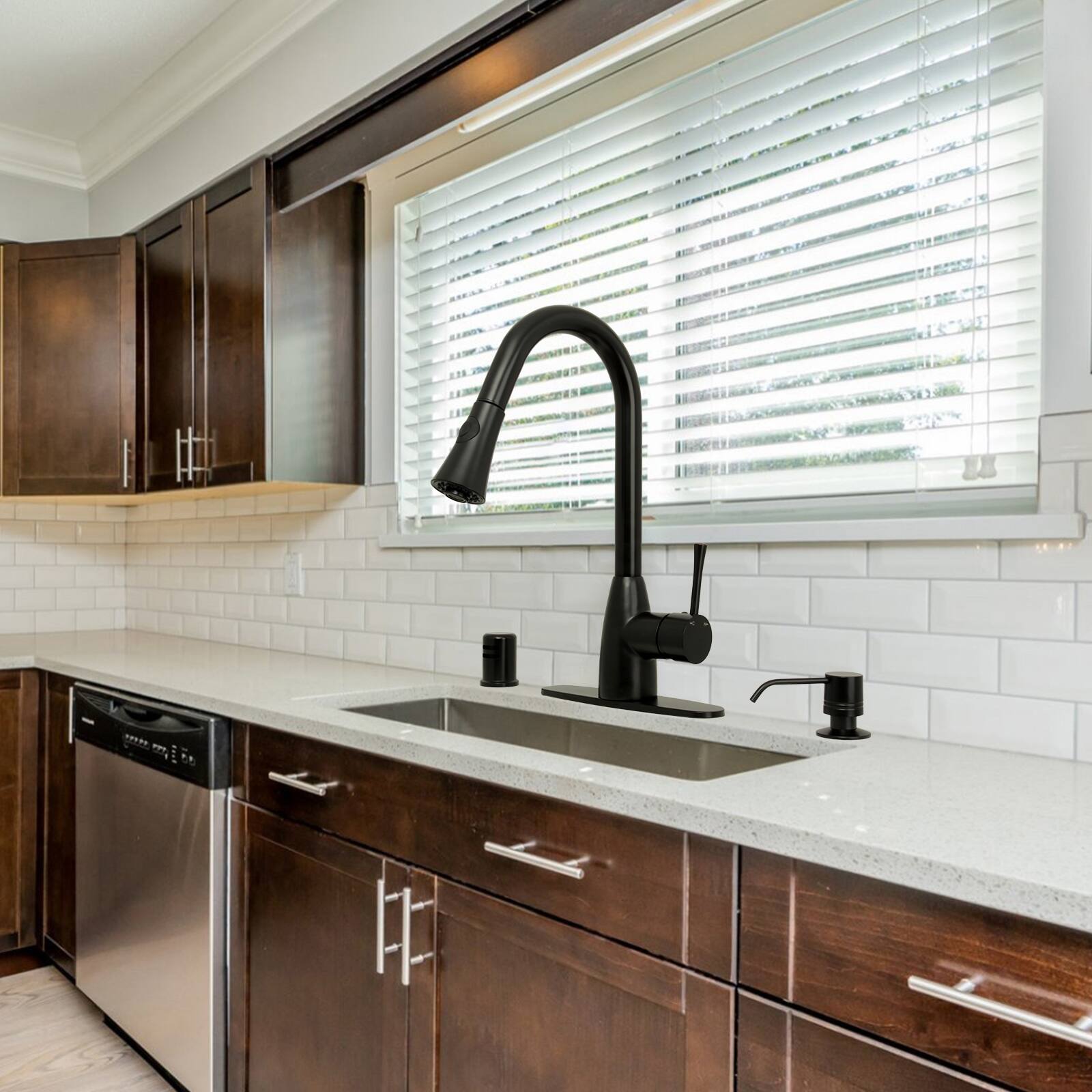 Alt View 5. Akicon - Akicon One-Handle Solid Brass Kitchen Faucet with Pull Down Sprayer in Matte Black - Matte Black.