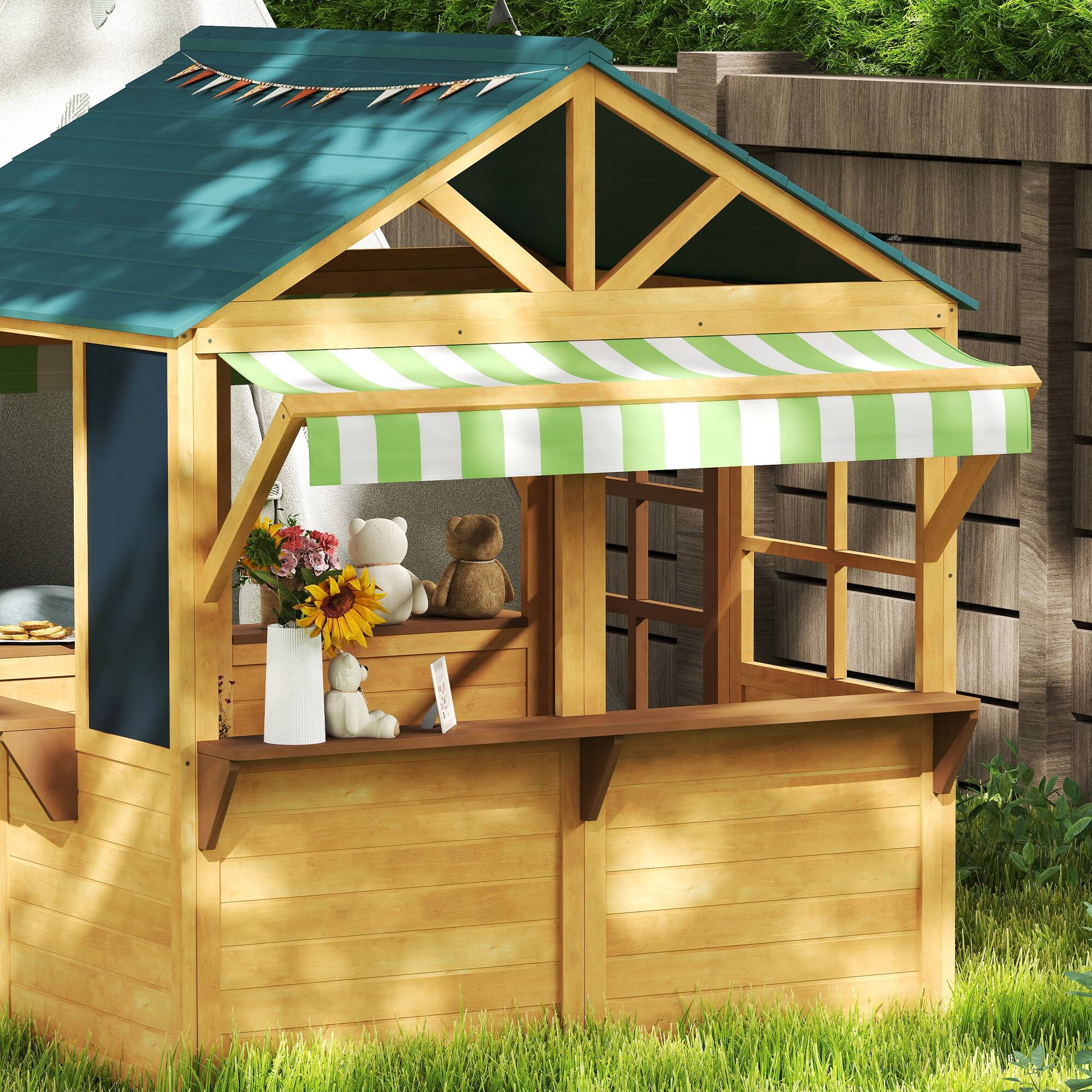 Alt View 4. Qaba - Foldable Outdoor Playhouse, Wooden , Windows, Working Door, Snack Bars, Waterproof Covers, Kids 3-8 Years.