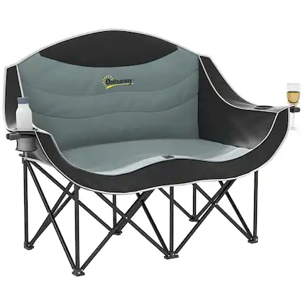Front. Outsunny - Double Camping Chair for Adults, Padded Folding Camp Chair for 2 Person with Armrest, Wine Glass Holder, Cup Holder - Black.