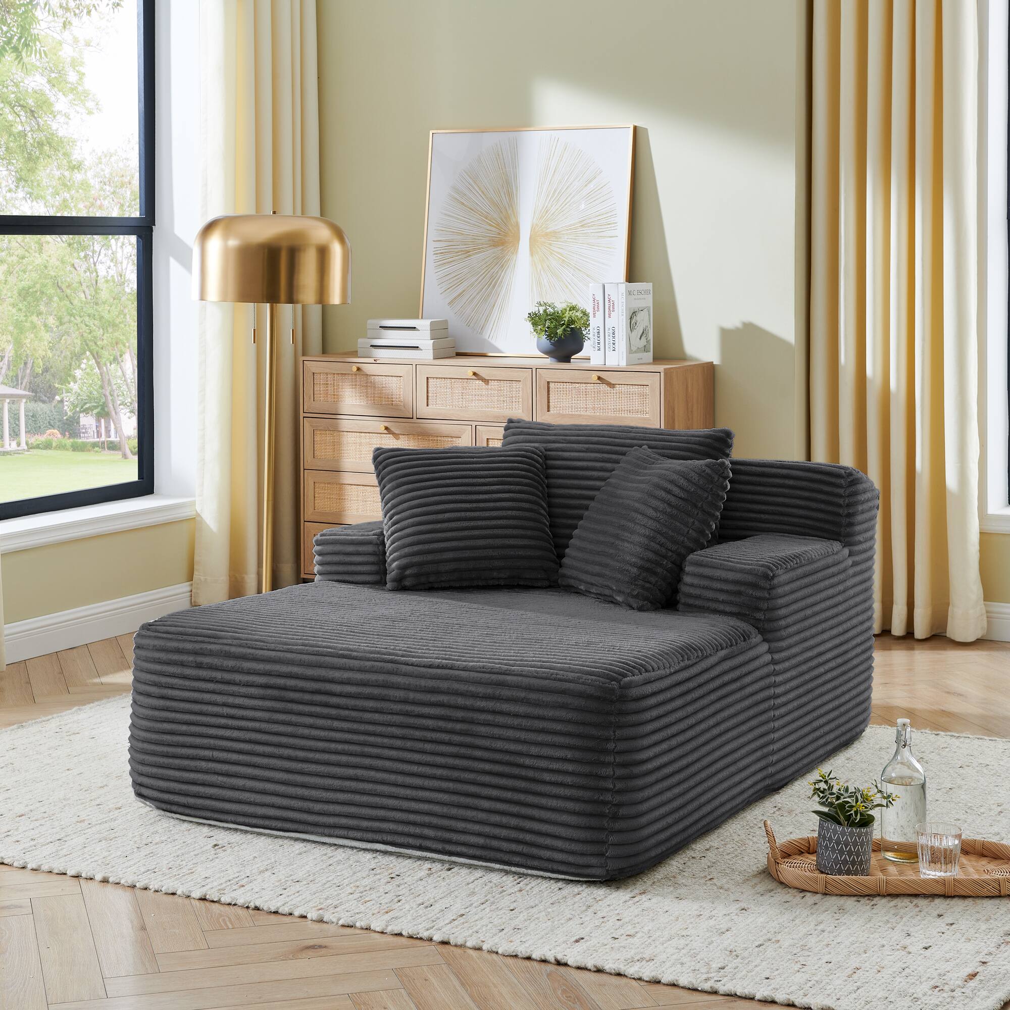 Angle. Trinkets Crazed - 50" Corduroy Chaise Lounge Chair Indoor, Oversized Sleeper Chair Single Lazy Sofa Lounge Chair, Modern Reading Chair - Dark Gray.