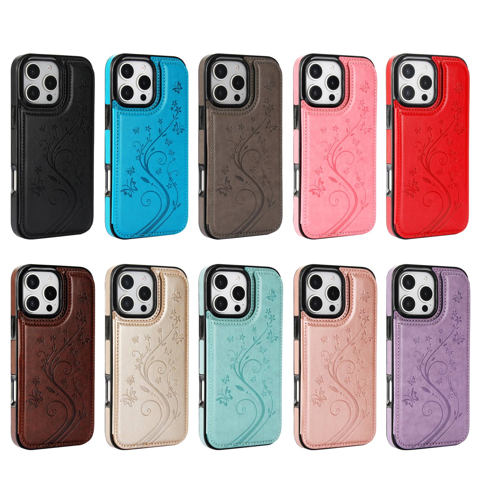 Alt View 5. Dteck - For Apple iPhone 16 Pro Wallet Case Flower Embossed Pattern PU Leather Card Slots Flip Kickstand Shockproof Cover - Pink.