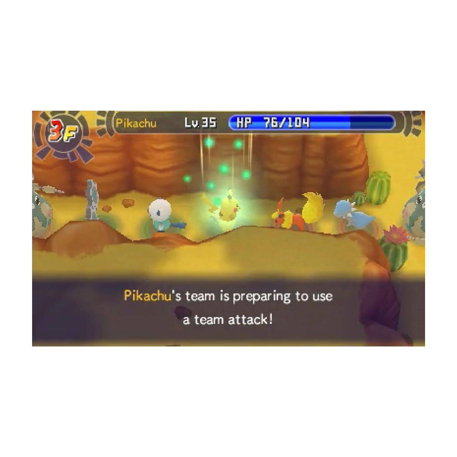 3F Pikachu Lv.35 HP 76/104  
Pikachu's team is preparing to use a team attack!