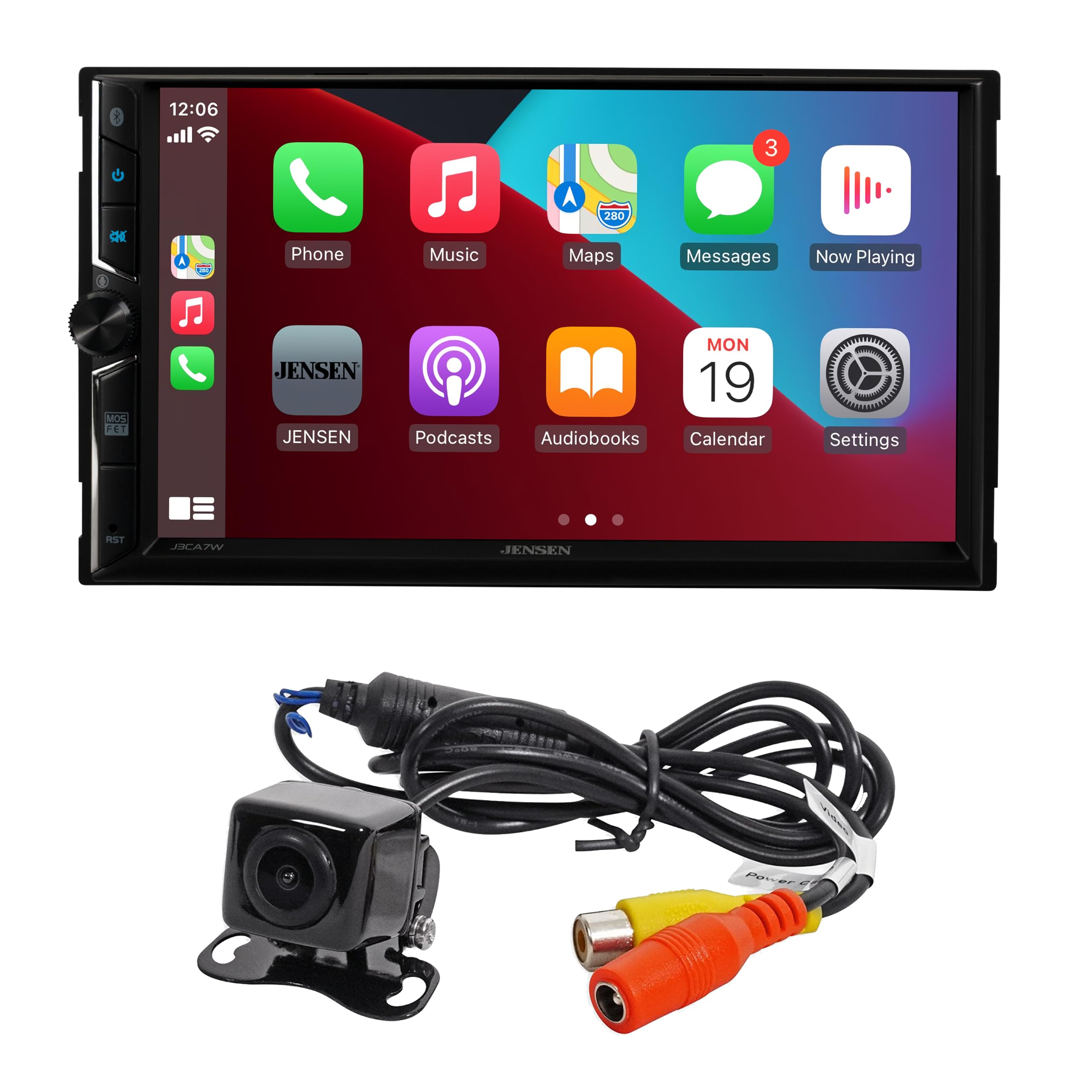 Jensen - J3CA7W-BUC 7" Touchscreen Double DIN Car Stereo | Wireless CarPlay Android Auto | Bluetooth | USB | Backup Cam Included - Black