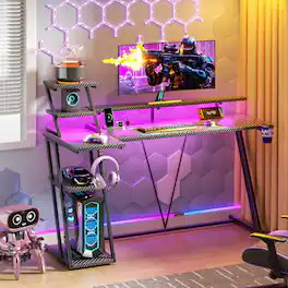 Furnulem - 47 In Gaming Desk with Monitor CPU StandHome Office Desk with Power OutletRGB LED LightsCup Holder Headphone Hook - Black