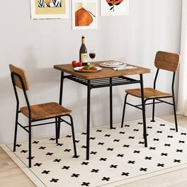 Gymax - 3-Piece Wood Square Kitchen Table & Chair Set w/ Metal Frame Storage Rack - Black, Brown
